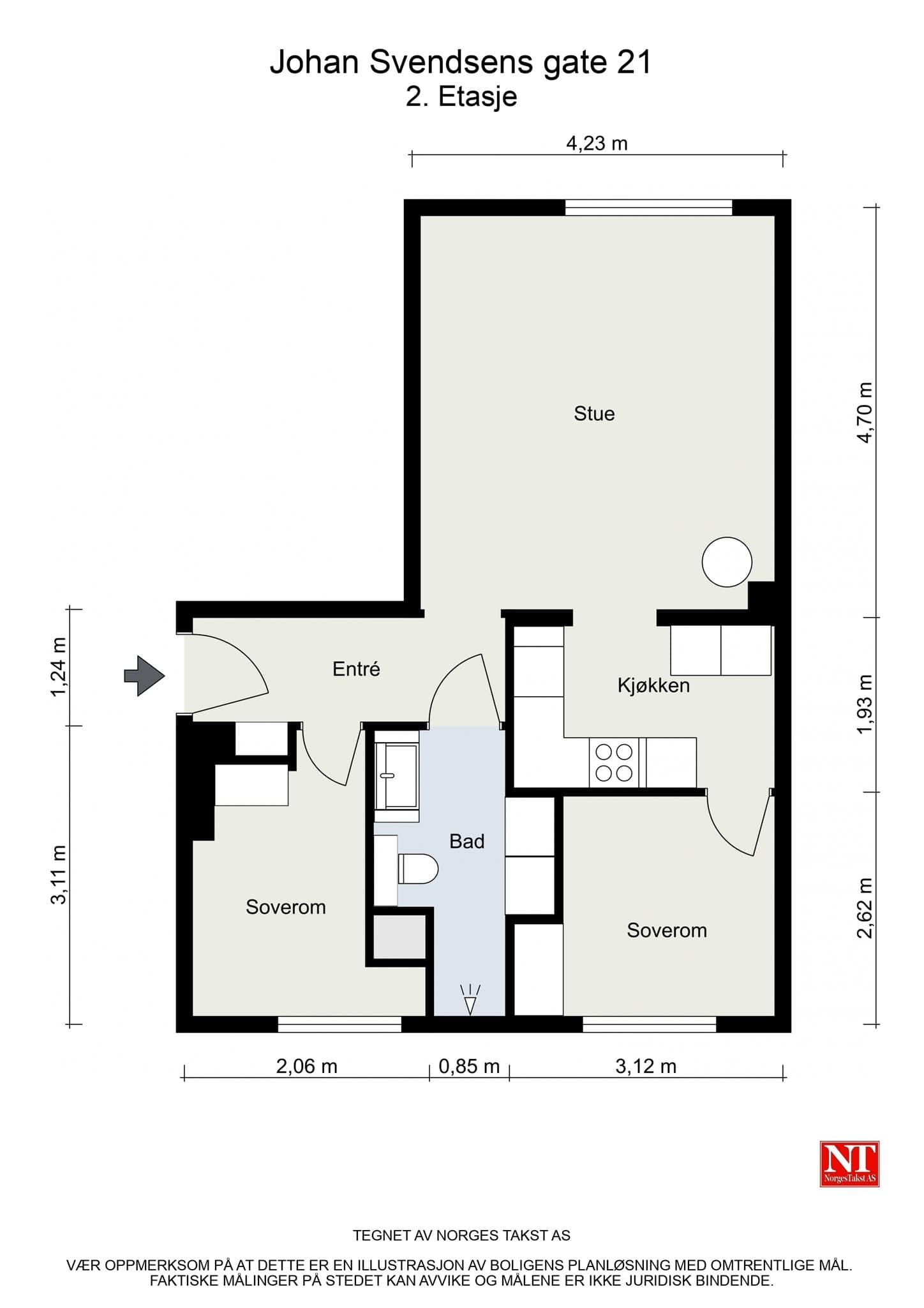 Leiligheten har en arealeffektiv planløsning med entré, to soverom, bad, stue og kjøkken.
