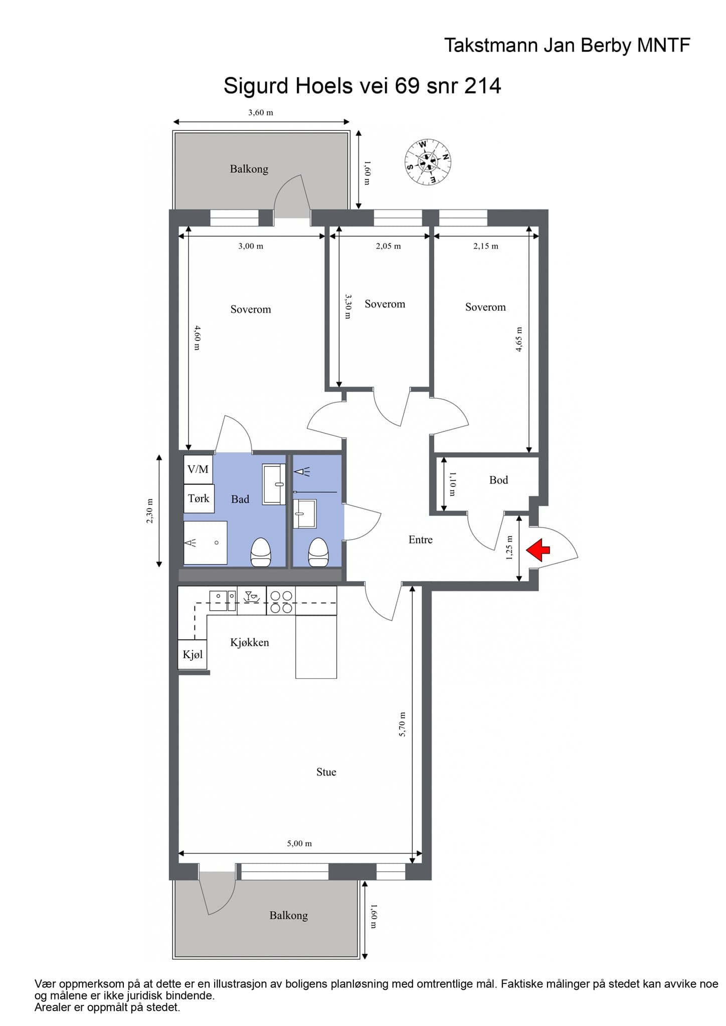 Plantegning. I tillegg disponerer leiligheten en kjellerbod.