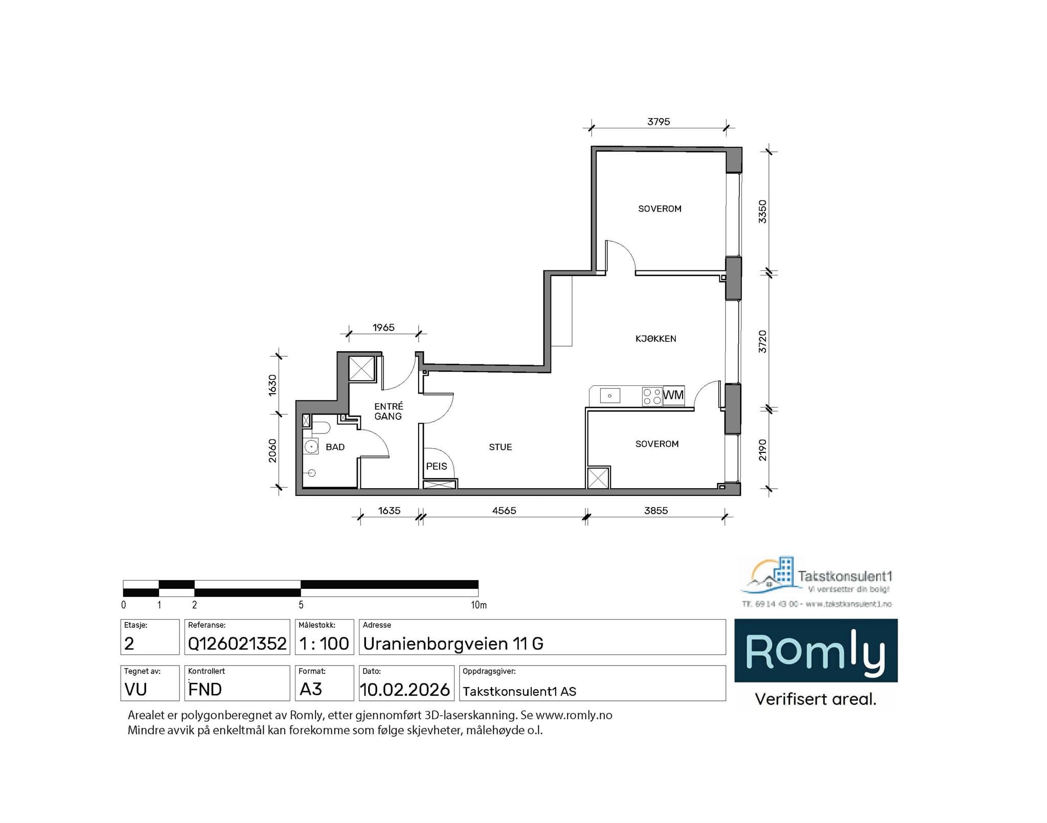 Planløsning. Leiligheten disponerer også en loftsbod på ca. 3,4 m² og en kjellerbod på ca. 8,0 m².