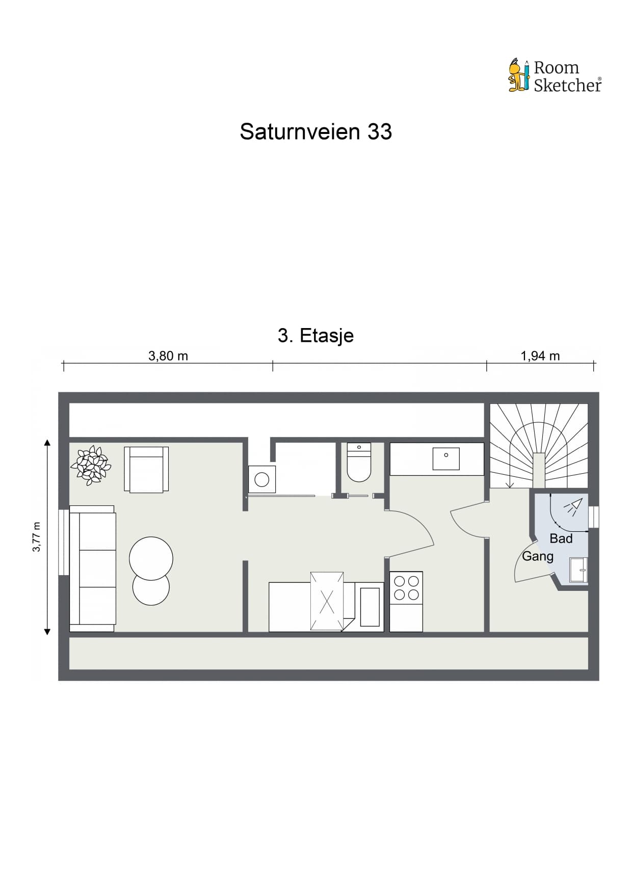 Plantegning loft. Det foreligger ikke byggesak for innredning av loftet og rommene er således ikke godkjent rom for varig opphold.