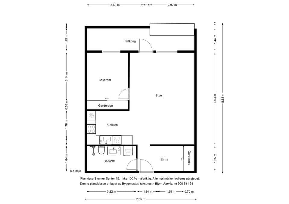 Plantegning. Videre disponerer boligen en bod på 2 m² i kjeller, samt en garasjeplass i felles garasjeanlegg.