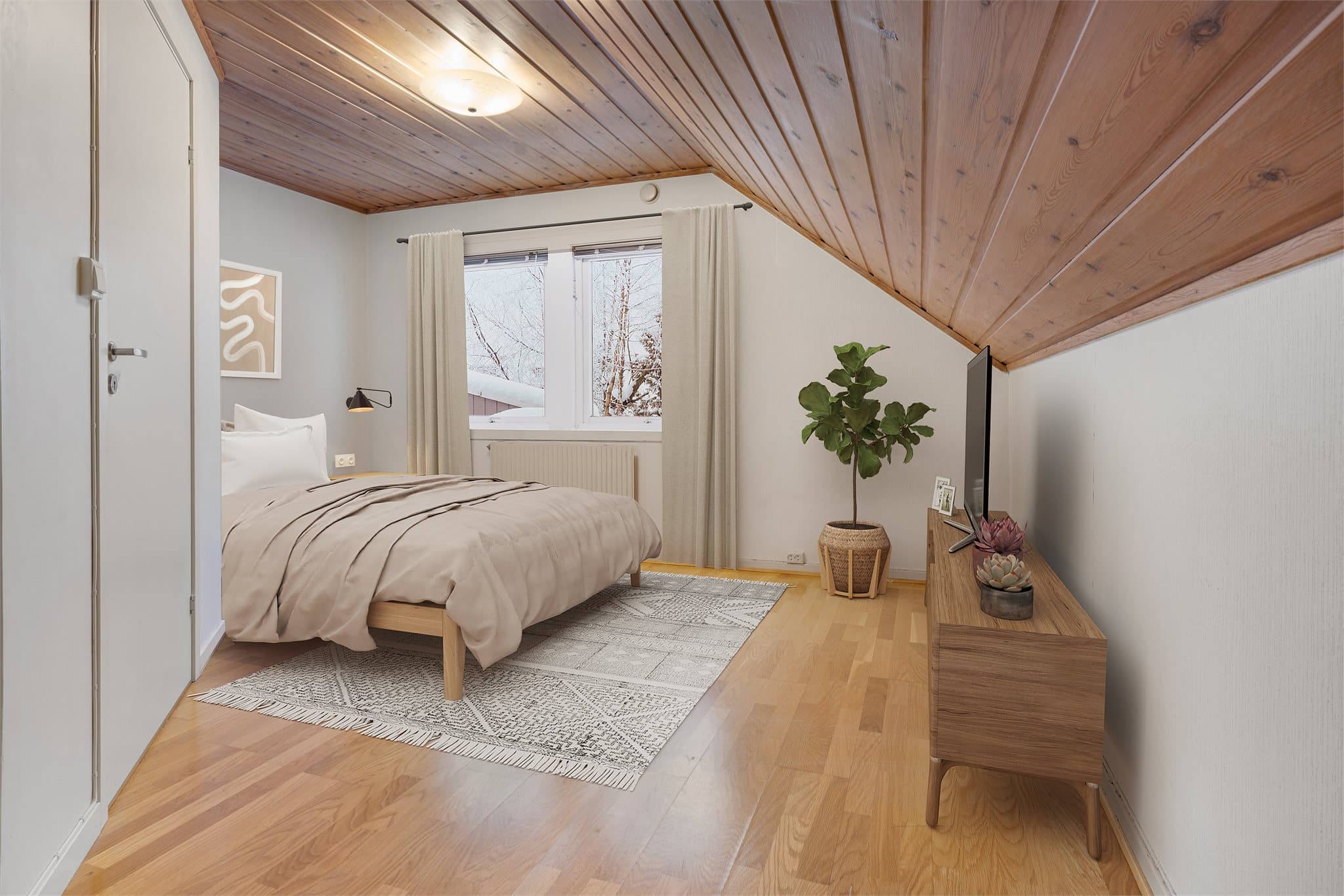 Soverom 2. Soverommene er av god størrelse med plass til dobbeltseng og tilhørende møblement. Digitalt møblert.