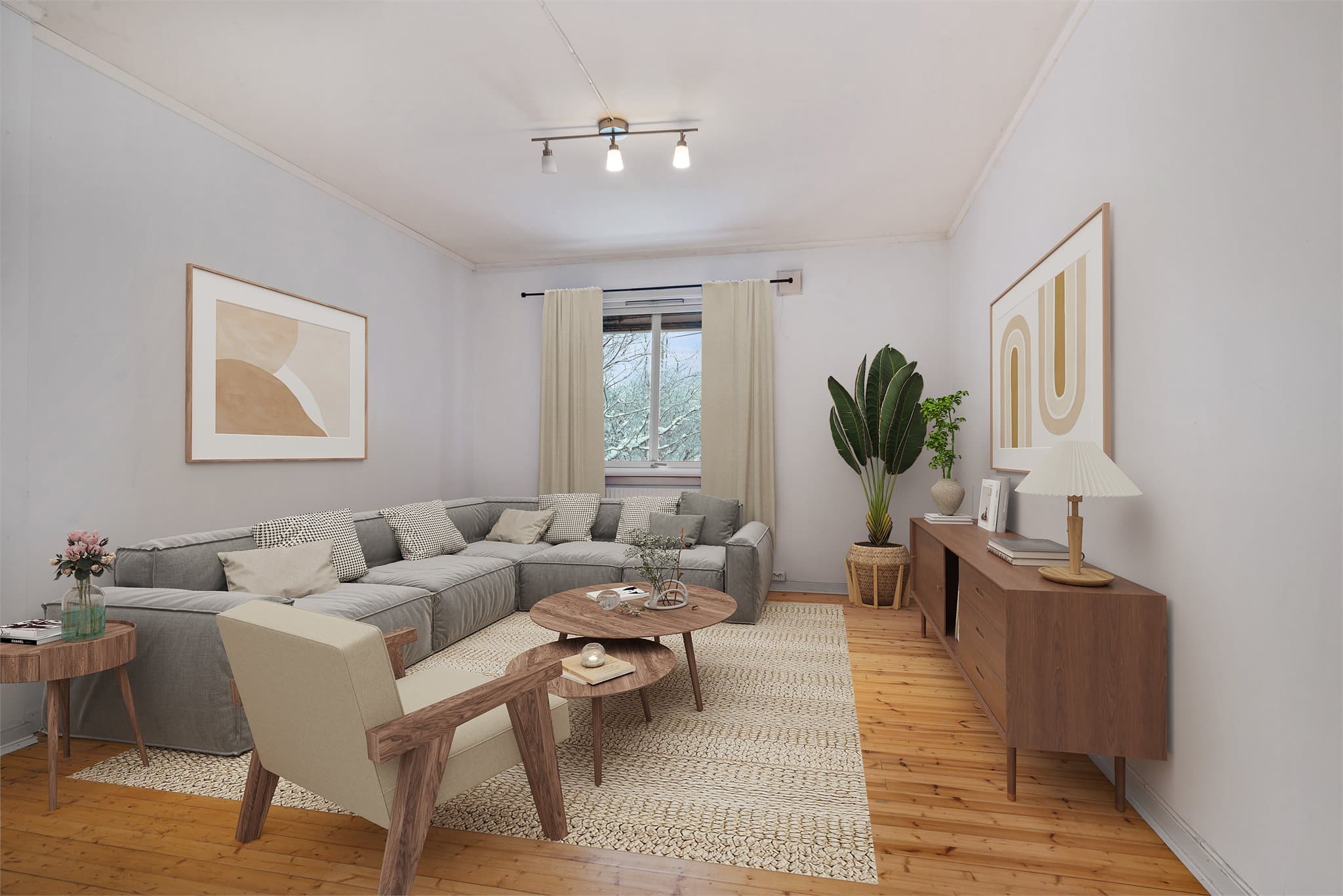 Stuen byr på flere møbleringsmuligheter. Digitalt møblert.