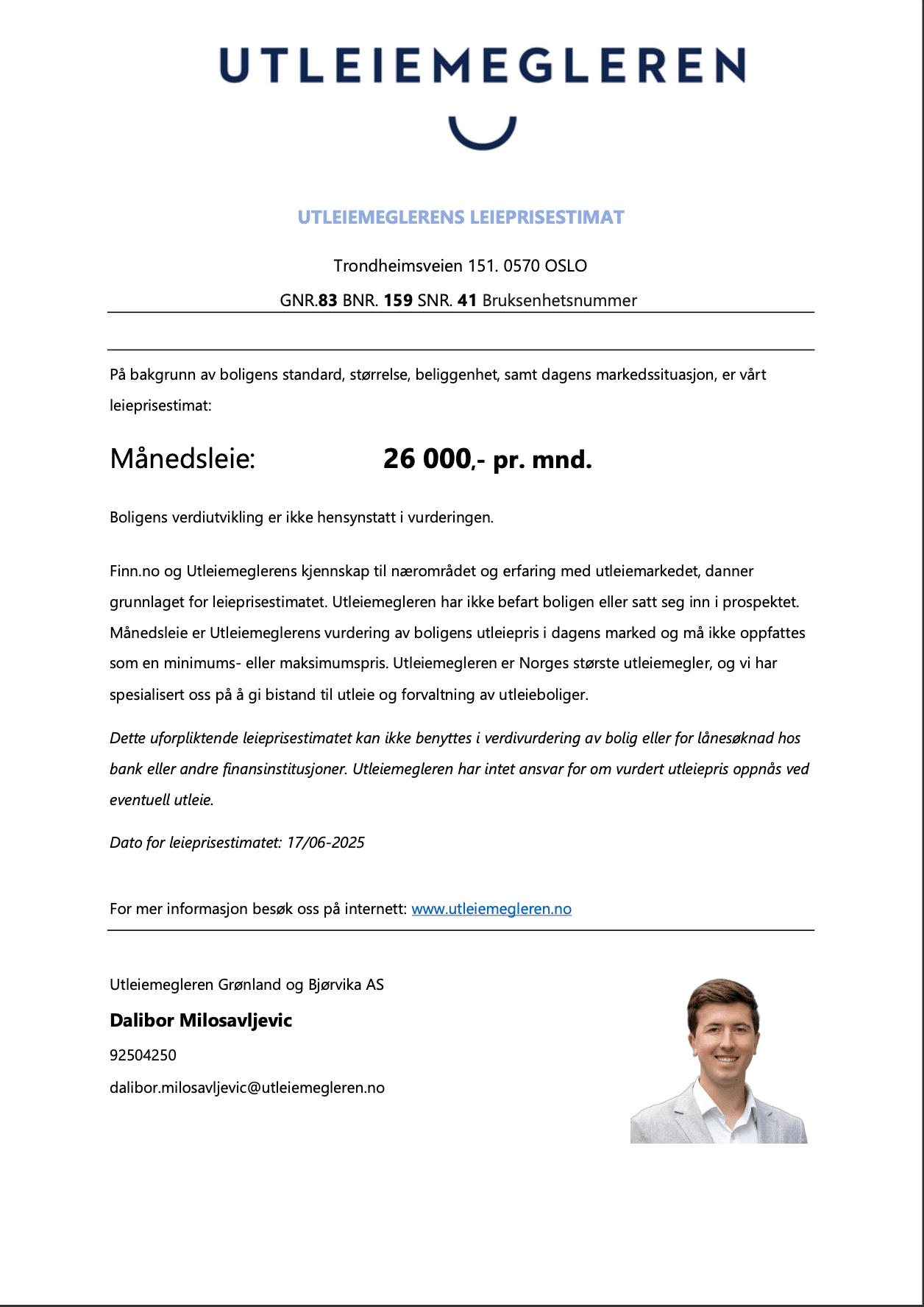 Utleieestimat slik leiligheten fremstår i dag.