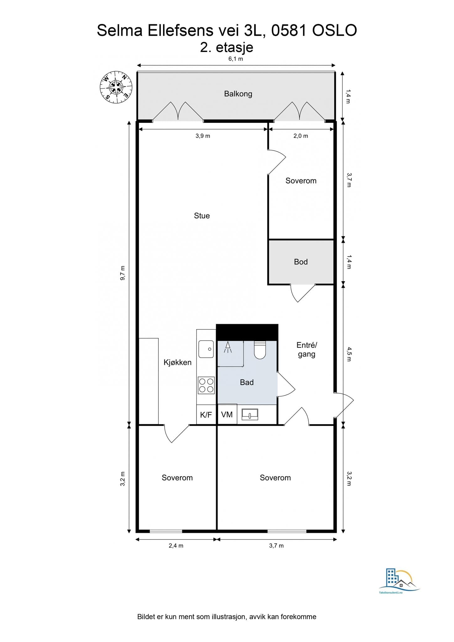 Plantegning. Leiligheten disponerer en bod i kjeller på ca. 4 m².