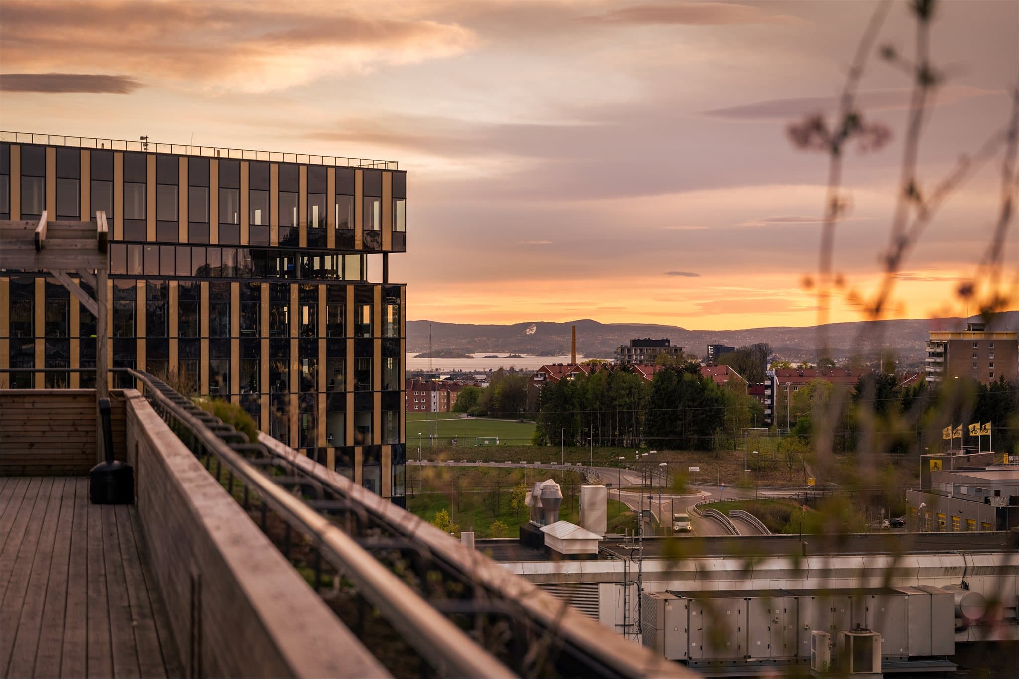Fra takterrassen er det utsikt over nærområdet, inkludert Hovindammen og grøntområdene rundt.