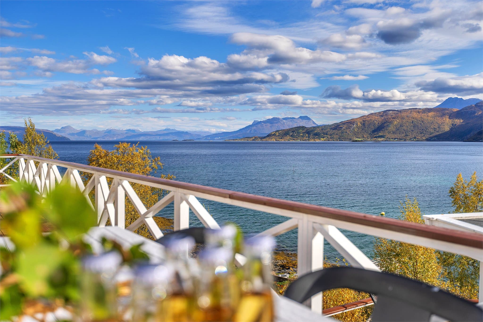Vidstrakt utsikt over fjorden og fjellene fra hyttens uteområde.