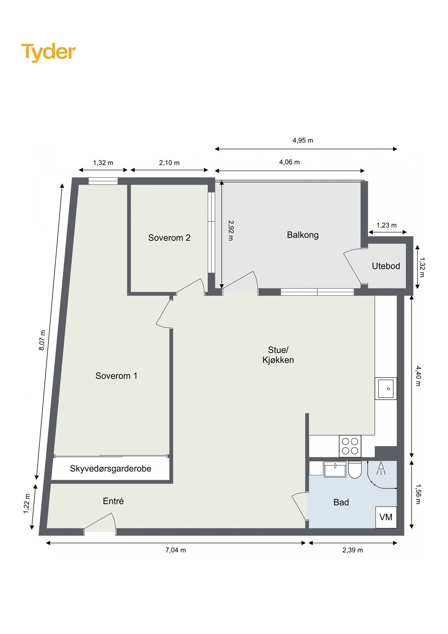 Plantegning. Leiligheten disponerer en parkeringsplass i felles garasjeanlegg med montert elbillader.