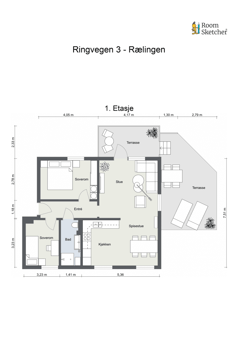 Plantegning. I tillegg disponeres en parkeringsplass, kjellerbod på ca 5m2 samt loftsbod på 11m2 gulvareal.