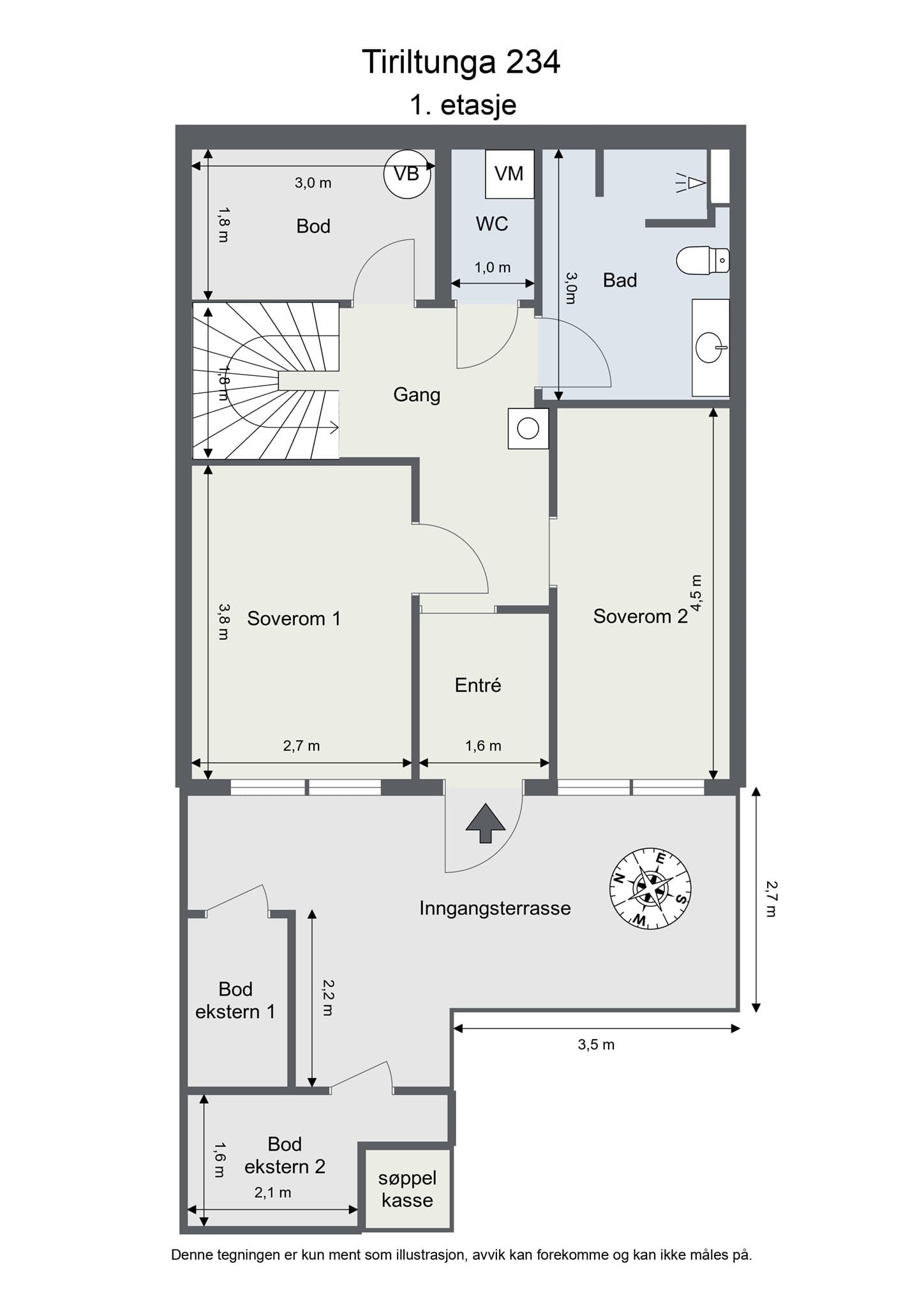Første etasje har en praktisk planløsning med entré, to soverom, bad og separat wc.