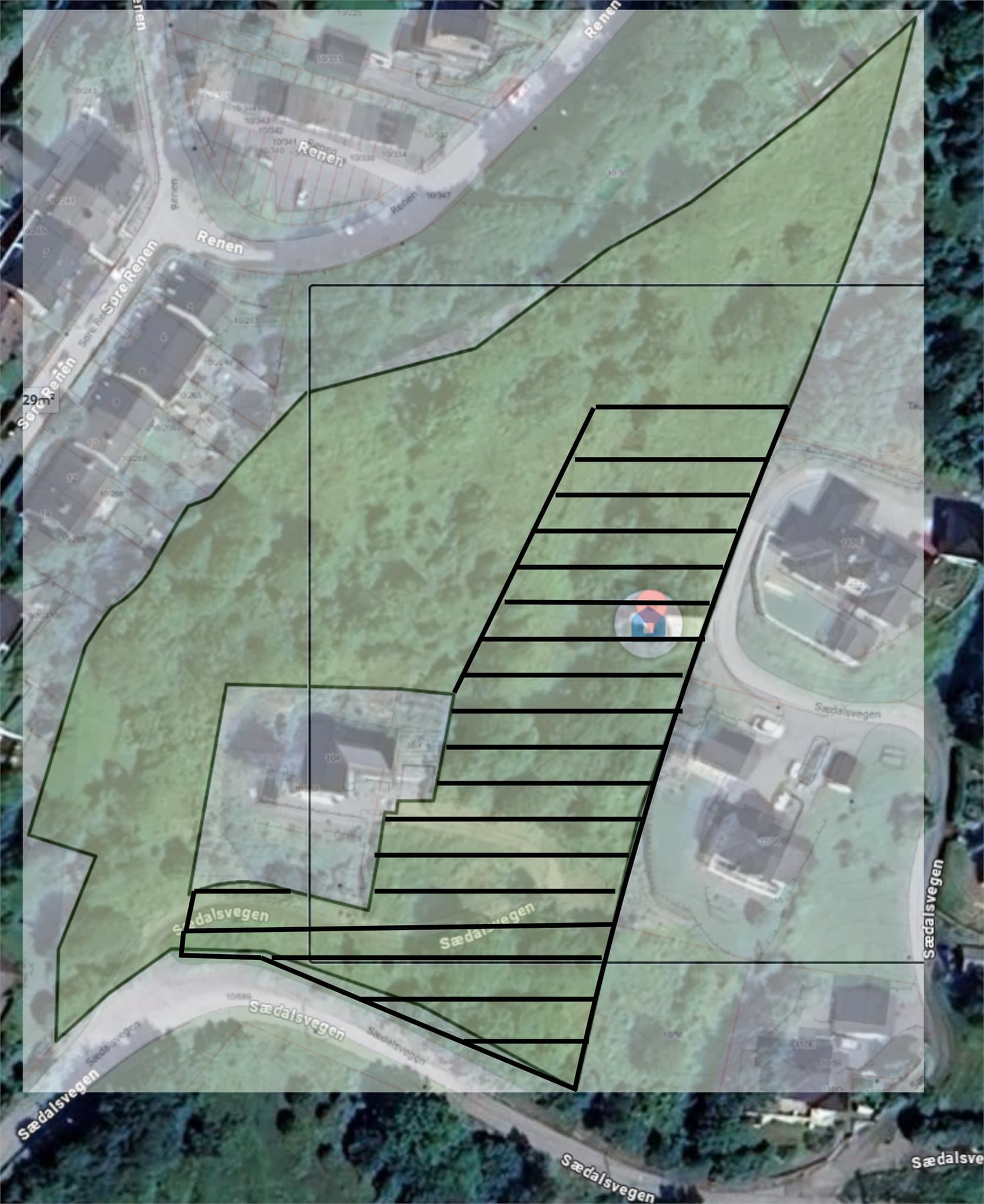 - Skravert del av tomt er regulert til boligformål ca (4-4.5 mål). Øvrig er regulert til Friluftsområde/LNF -