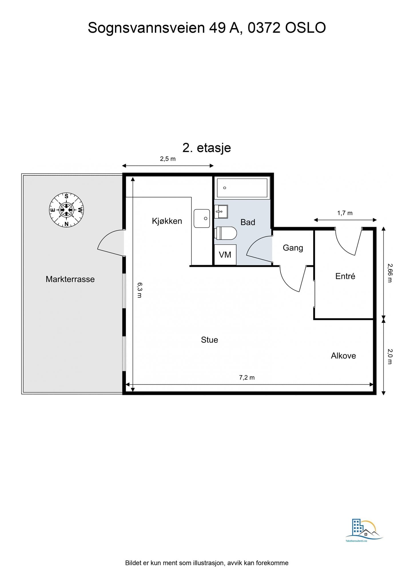 Plantegning. Leiligheten disponerer en bod i kjelleren på ca. 2 m².