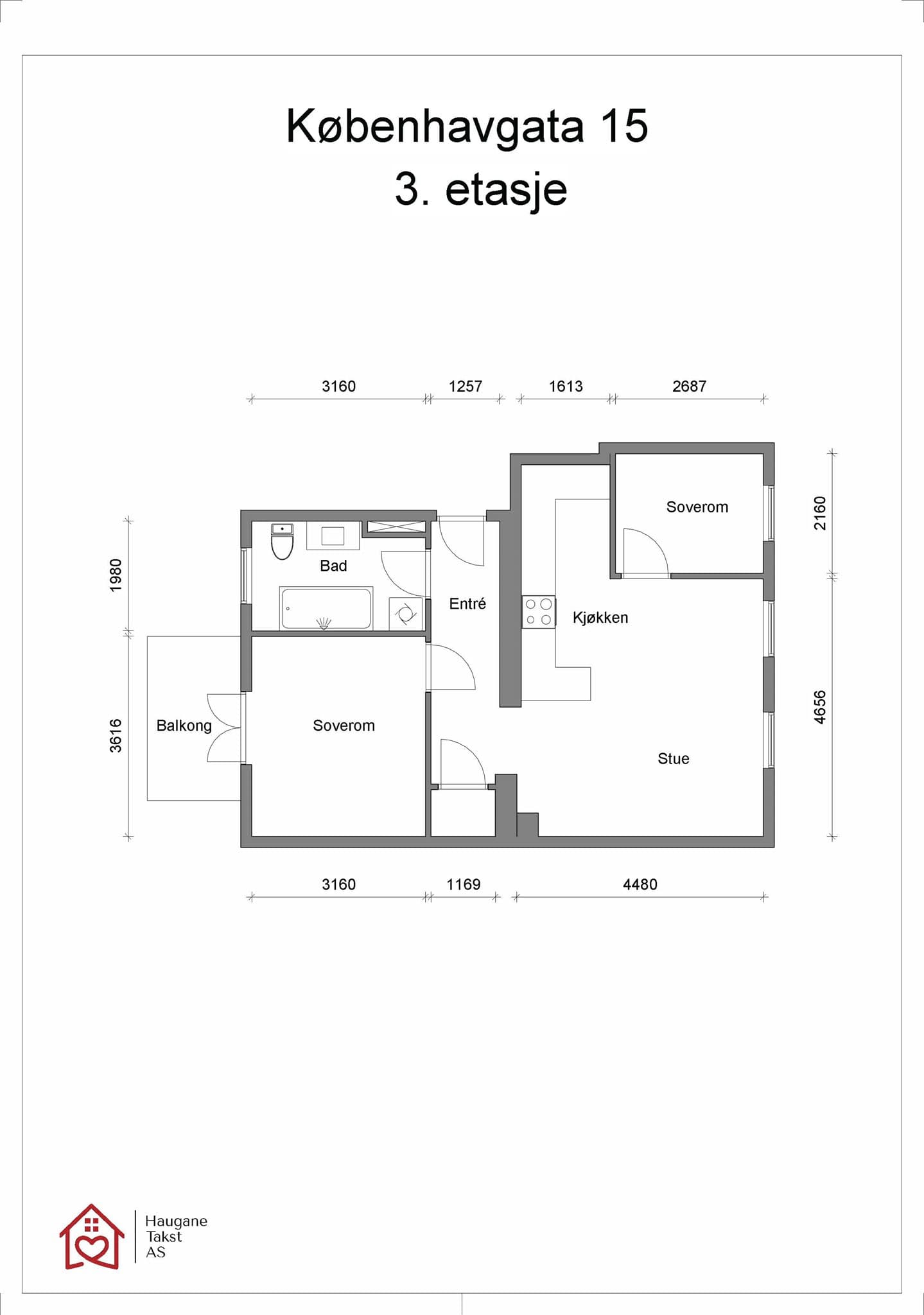 Planløsning. Leiligheten disponerer en bod i kjeller på 5 m² og en bod på loft på 3 m².