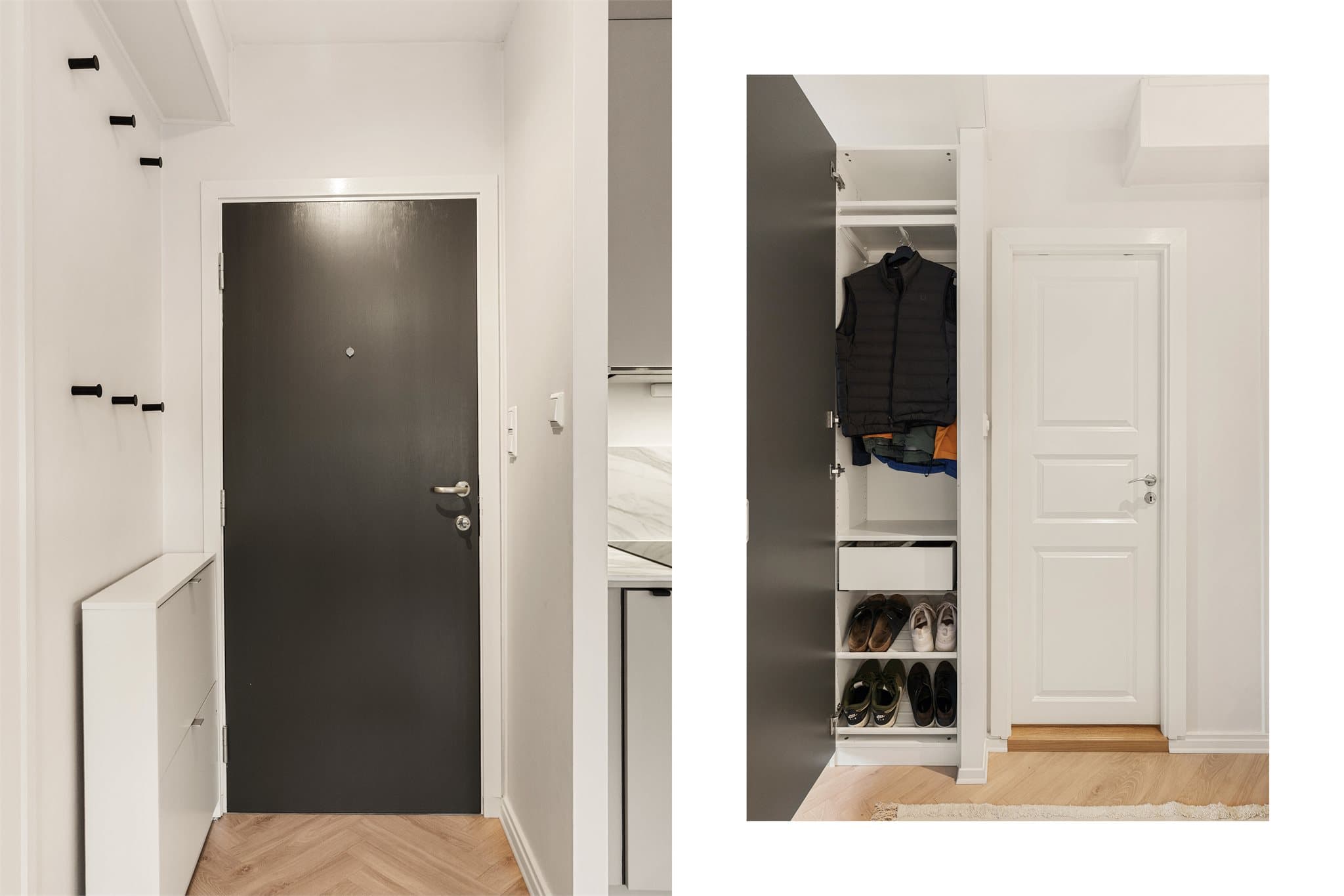 - Praktisk med skoskap og garderobeskap for oppbevaring av yttertøy -