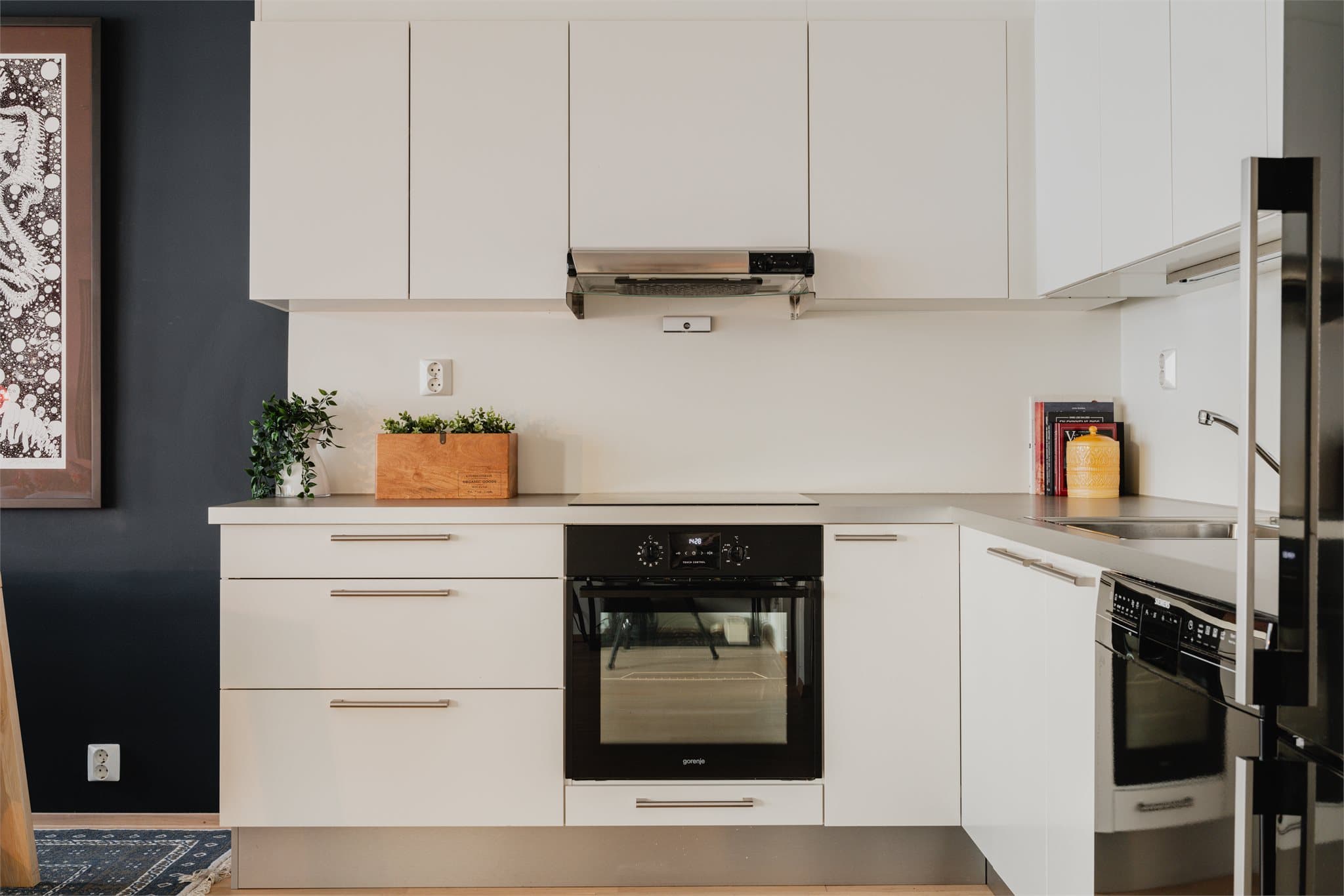 Kjøkkenet er utstyrt med integrert koketopp og stekeovn, samt ventilator.