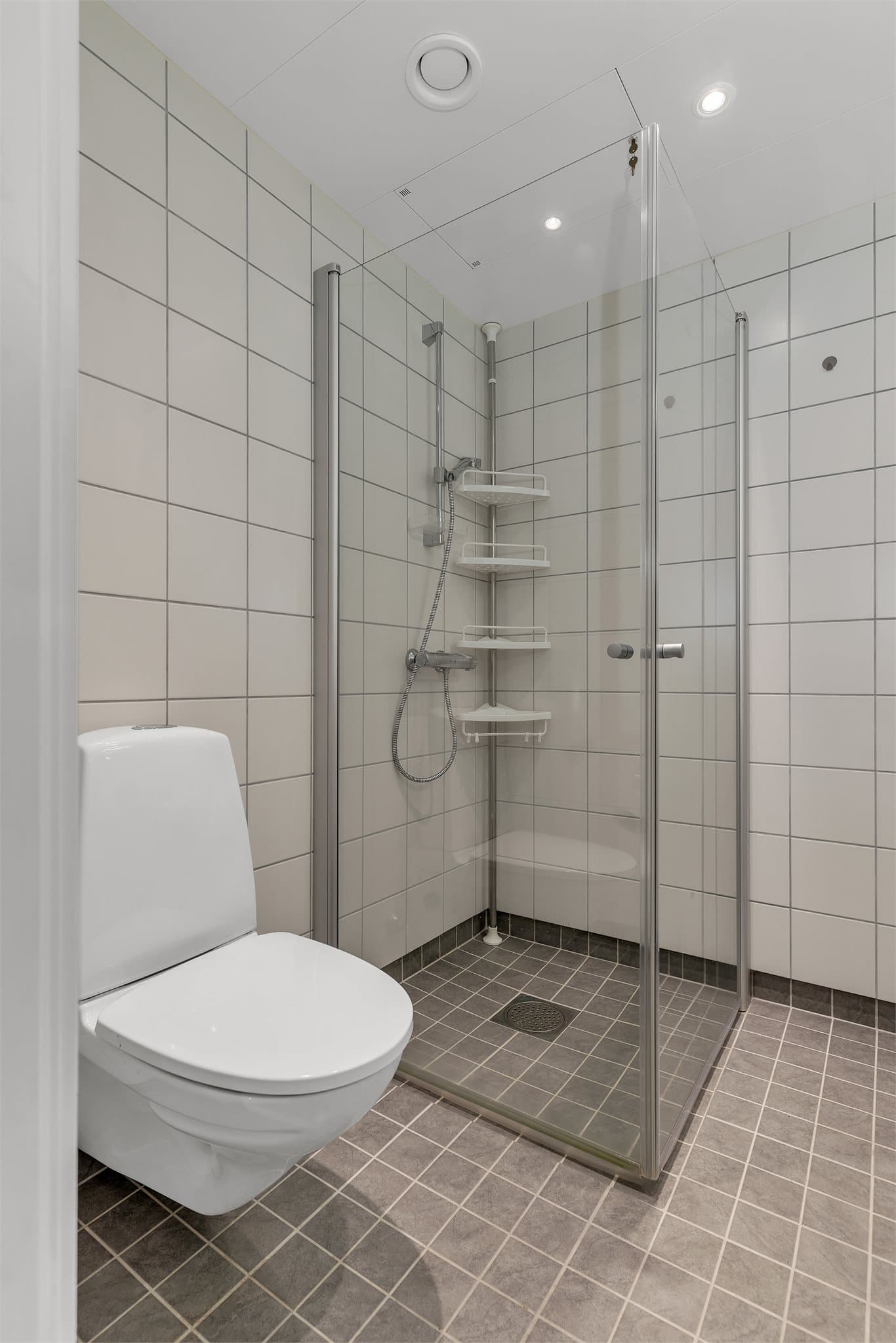 Dusjhjørne med innfellbare glassdører og veggmontert toalett.
