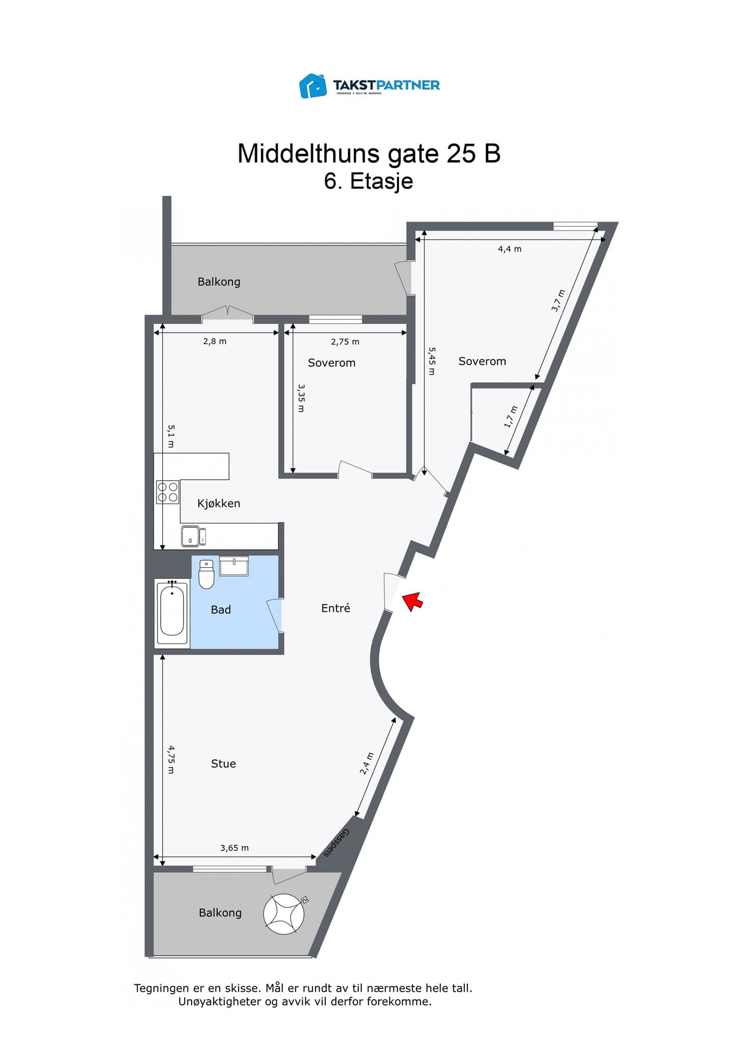 Planløsning. Leiligheten disponerer en kjellerbod på ca. 5,5 m².