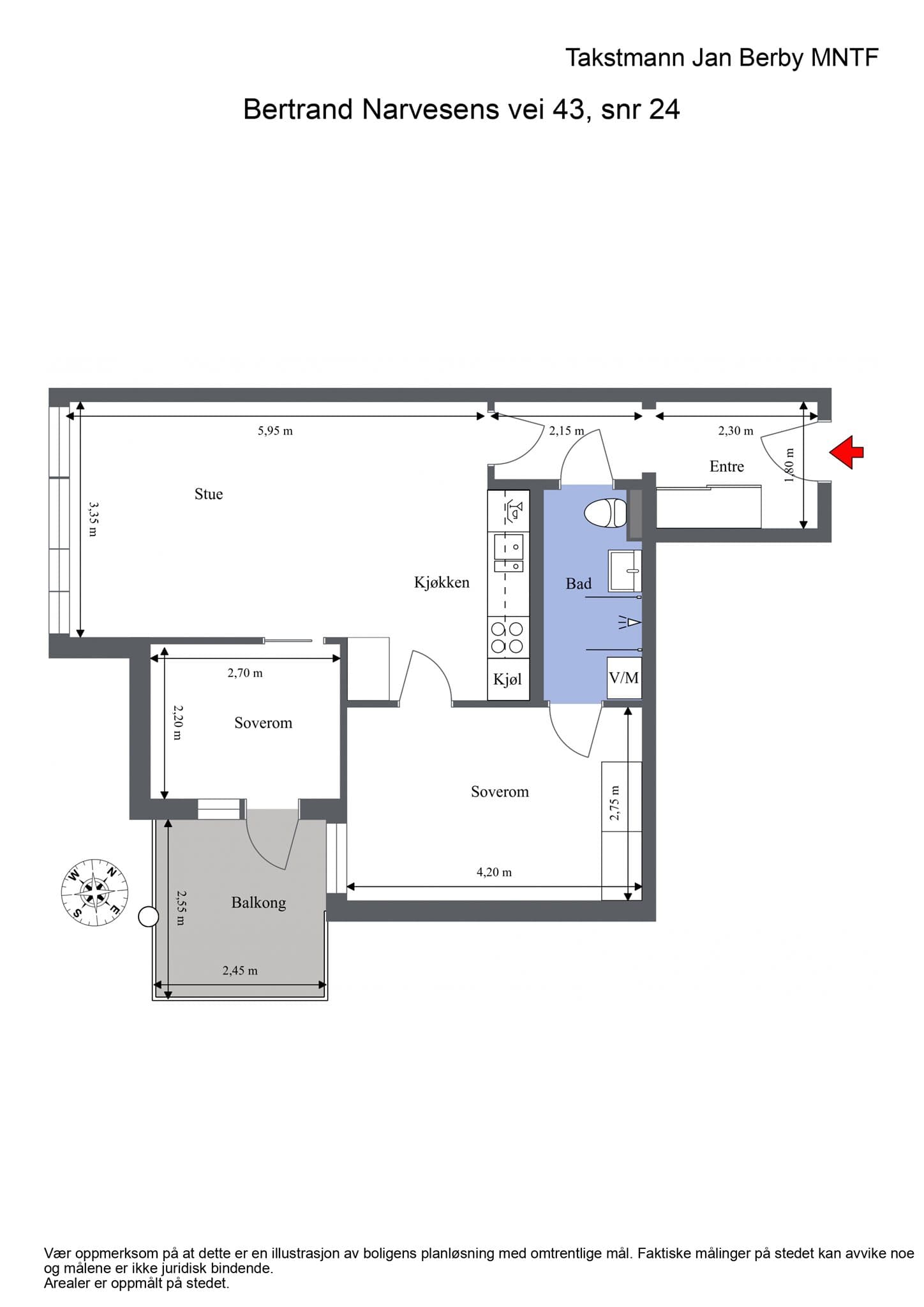 Plantegning. I tillegg disponerer leiligheten en kjellerbod.