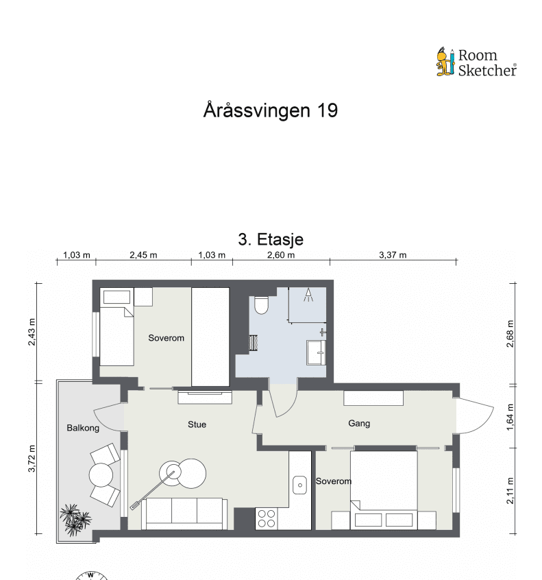Plantegning - I tillegg disponerer leiligheten en bod i kjeller. Det er mulig å leie garasjeplass for 1200 - 1500kr per måned som tillegg.