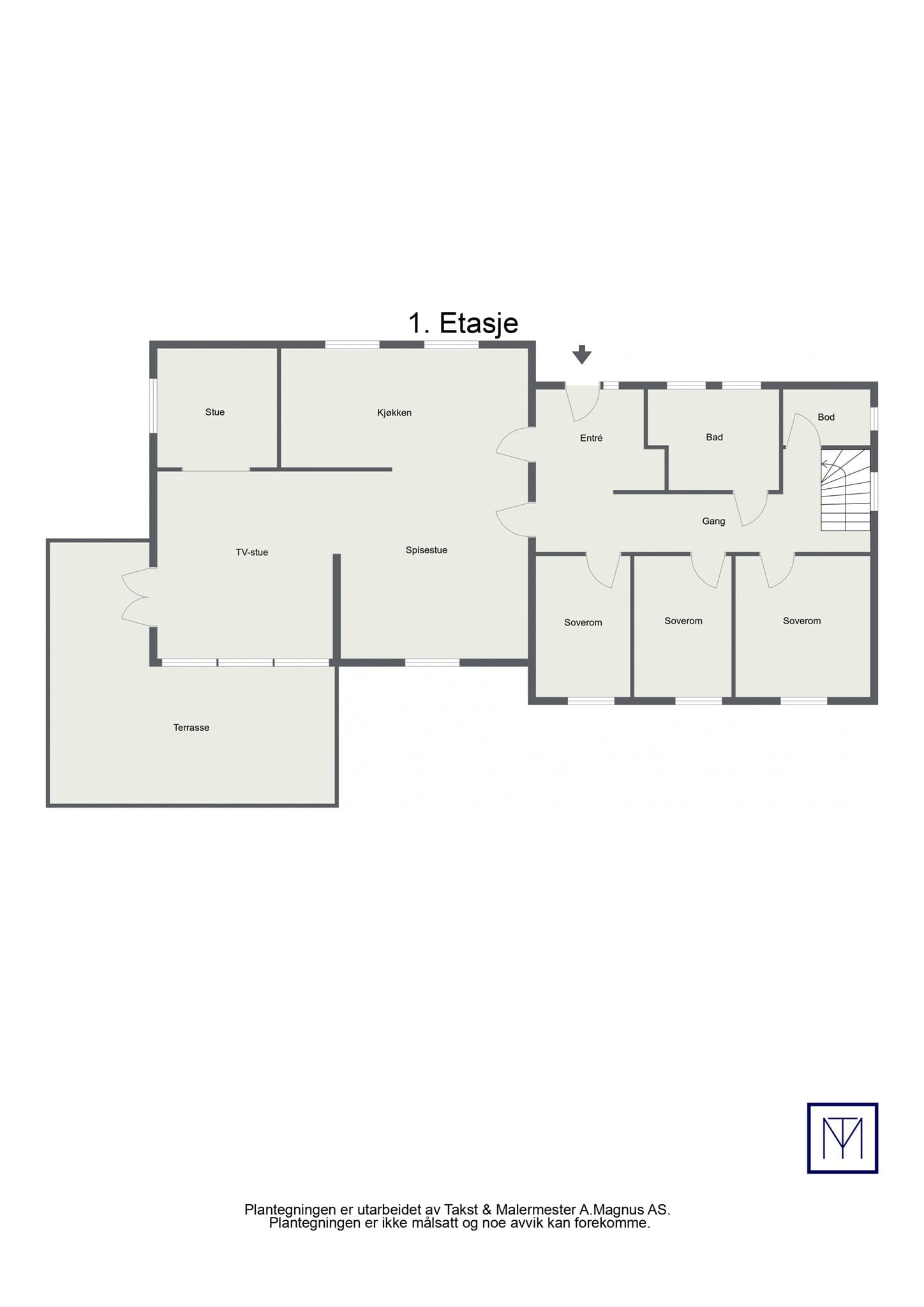 Planløsning 1.etasje. I 1. etasje leder entréen inn til oppholdsrommene, soverommene og badet.