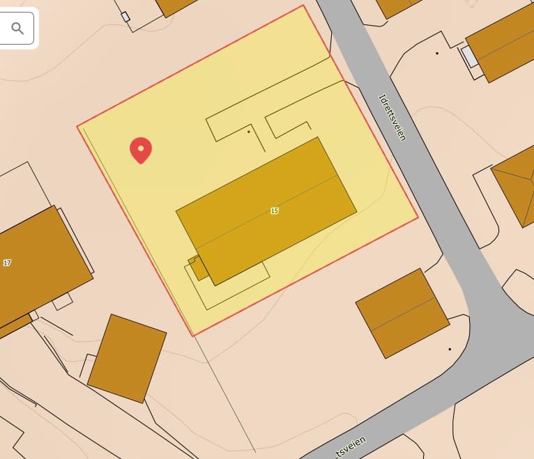 Kart Idrettsveien 15 - utskilt tomt i forkant