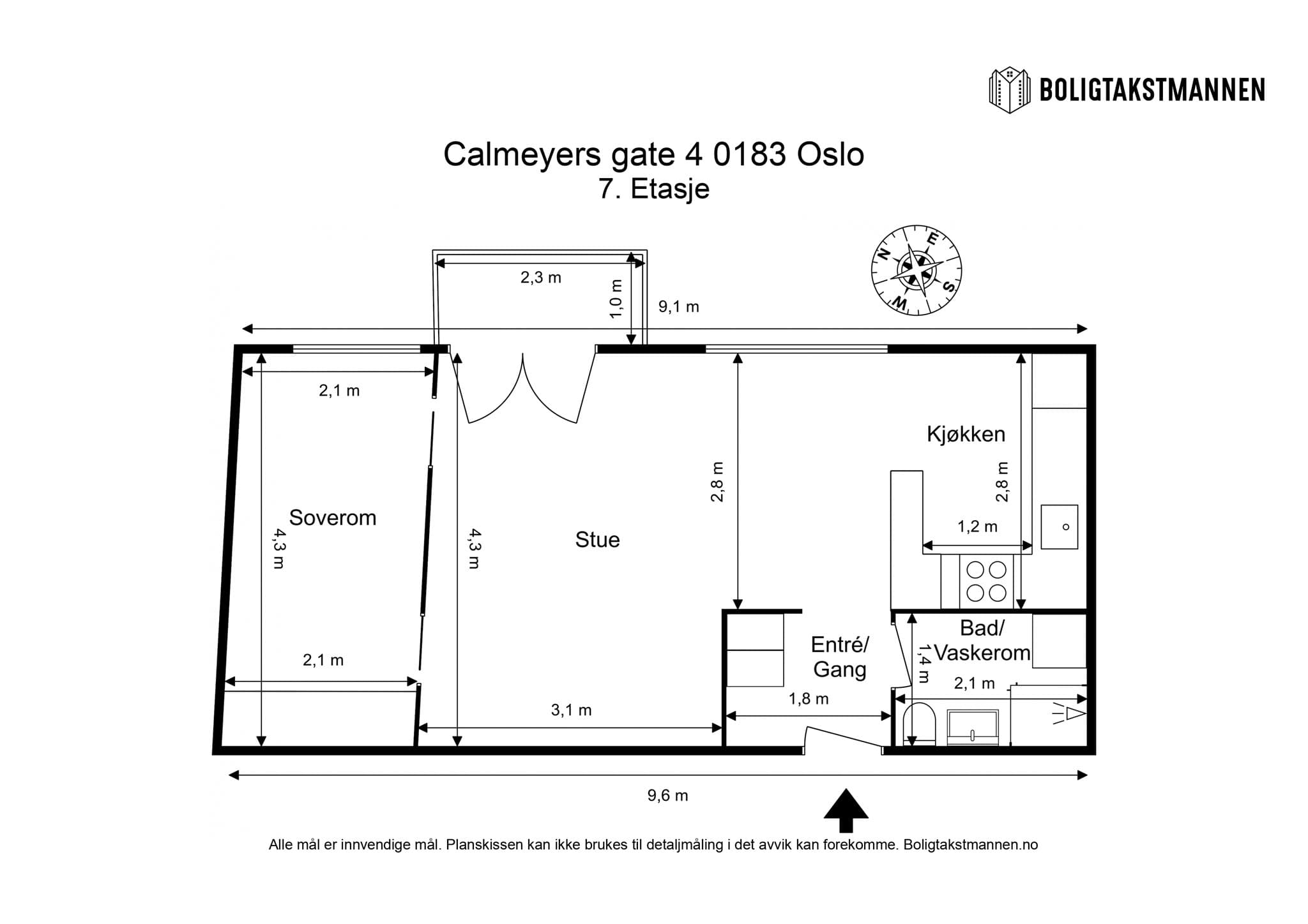 Plantegning. Leiligheten disponerer en kjellerbod på ca. 5 m².