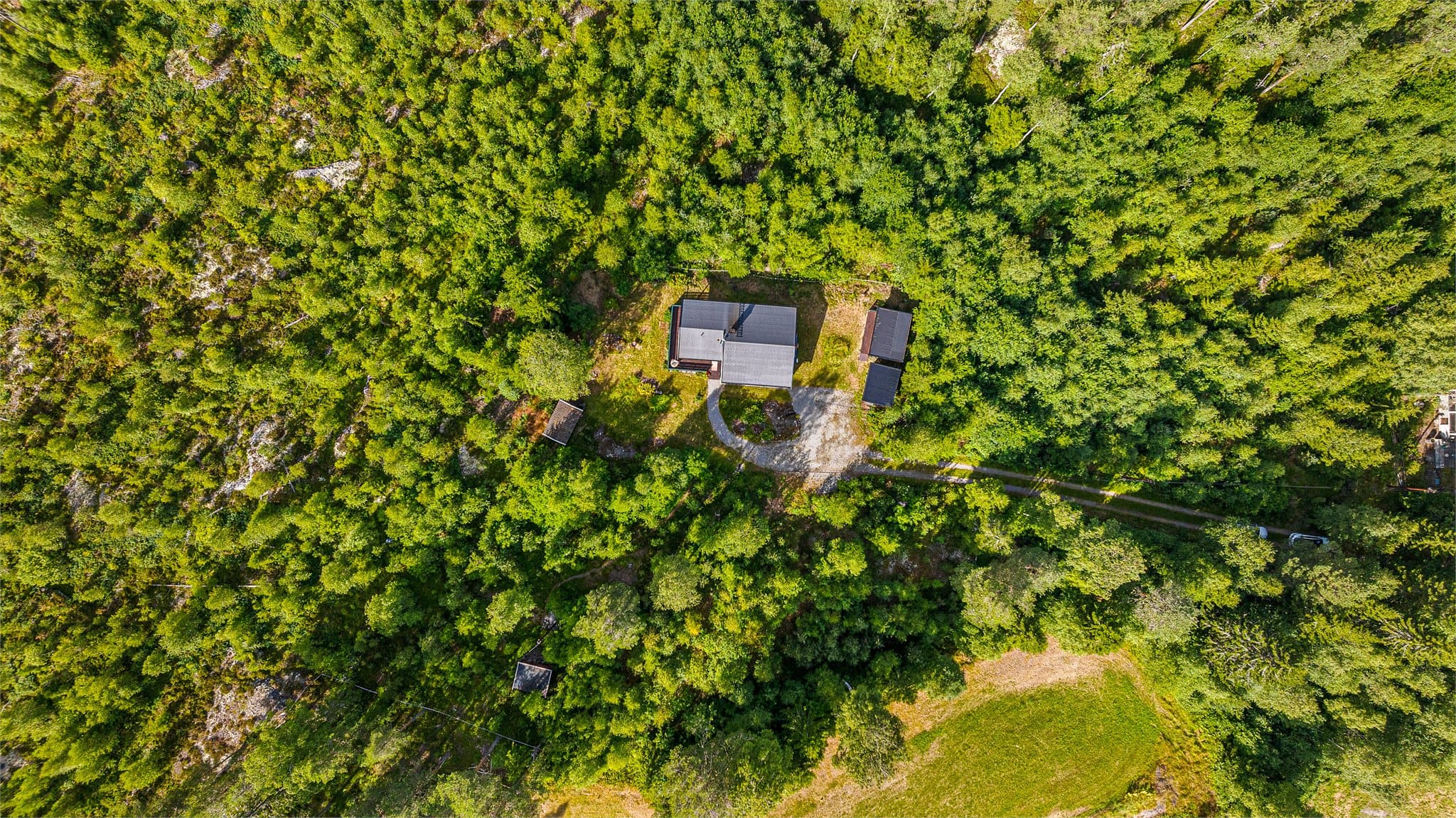 Dronebilde av tunet. Innerst i blindvei og omgitt av skog og natur