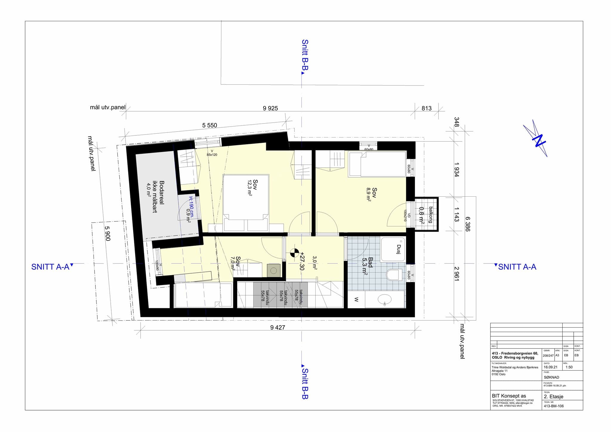 Byggetegning 2. etg: Tegningen viser planløsningen, men enkelte detaljer avviker fra dagens bygg. Se kommentarer under arealbeskrivelsen i salgsoppgaven.