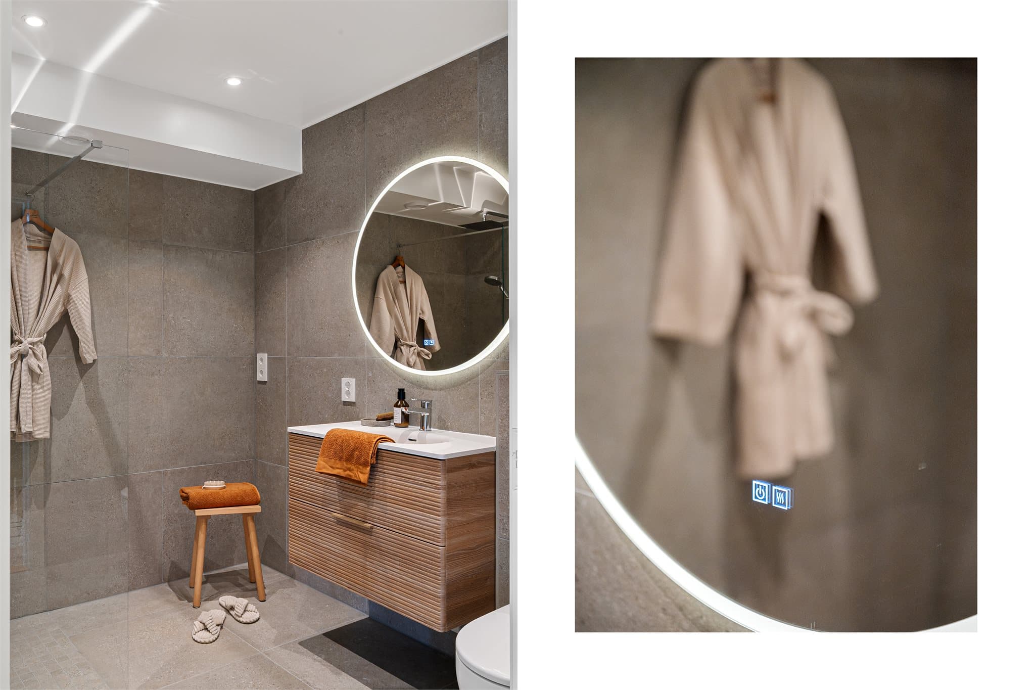 - Badet måler 4,8m² og er innredet med vegghengt toalett, heldekkende servant, dusjvegg i glass, opplegg for vaskemaskin og fordelerskap til "rør i rør" vannforsyning -