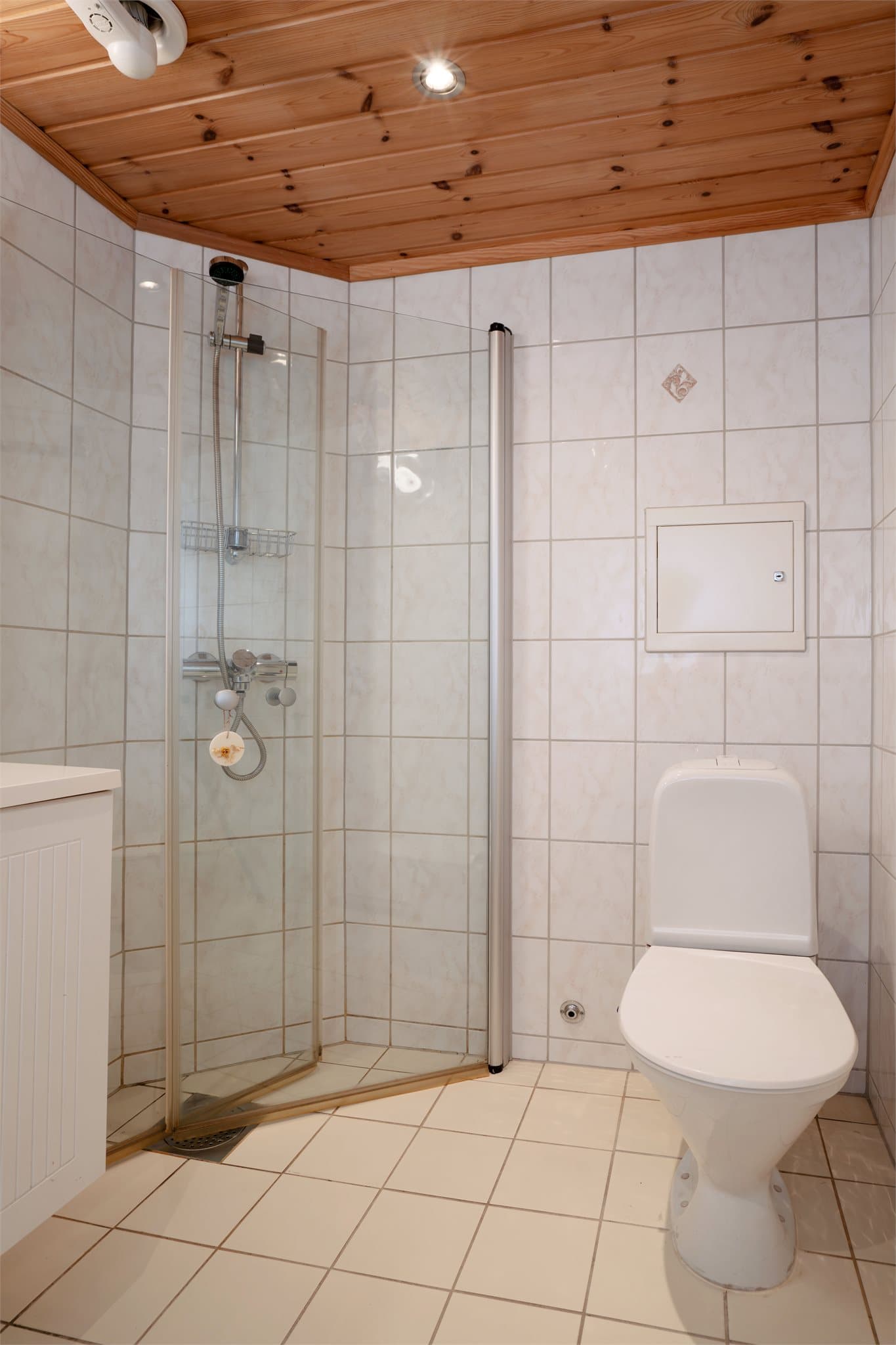 Badet er innredet med dusjkabinett og vegghengt toalett.