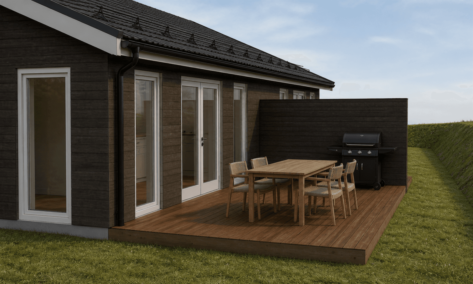 Fra stuen blir det utgang til en romslig terrasse. (Illustrasjon)