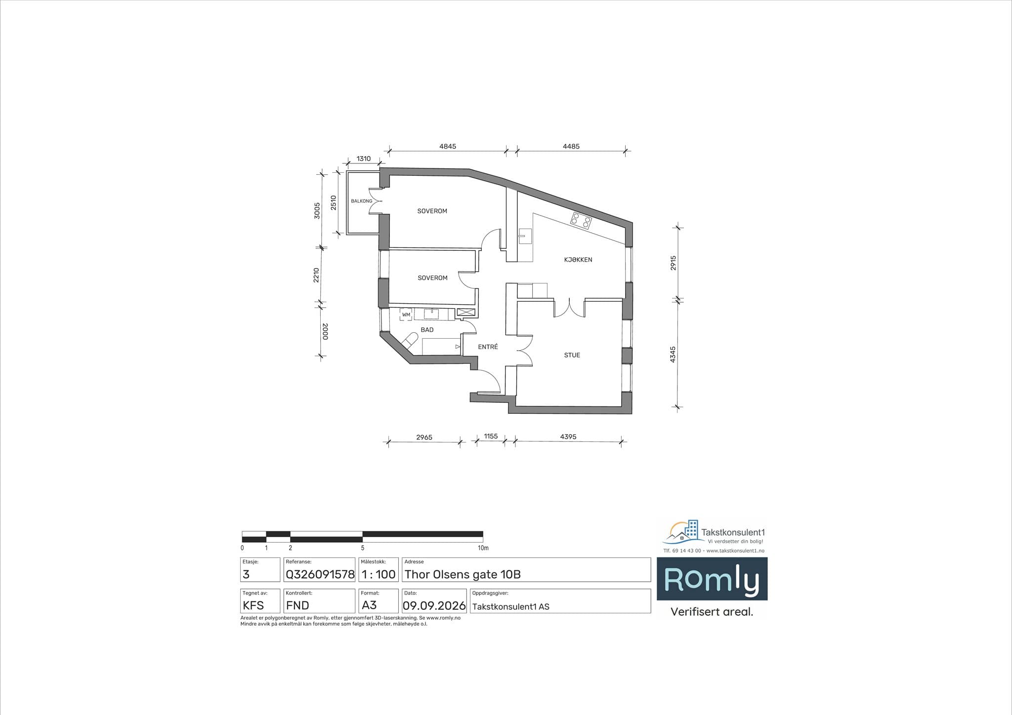 Plantegning. Leiligheten disponerer en loftsbod på 1 m², en kjellerbod på 8 m² samt en ekstern bod i trappeoppgang: 2,42 m2 BRA-e. I følge tidligere salgsoppgave er dette en fellesbod med naboseksjonen.