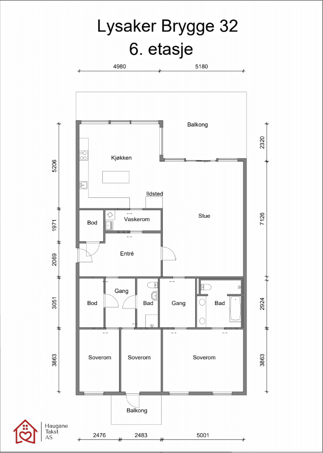 Planløsning. Leiligheten disponerer i tillegg en kjellerbod på ca. 11 m², hvorav 4 m² er måleverdig. Det medfølger også en garasjeplass.
