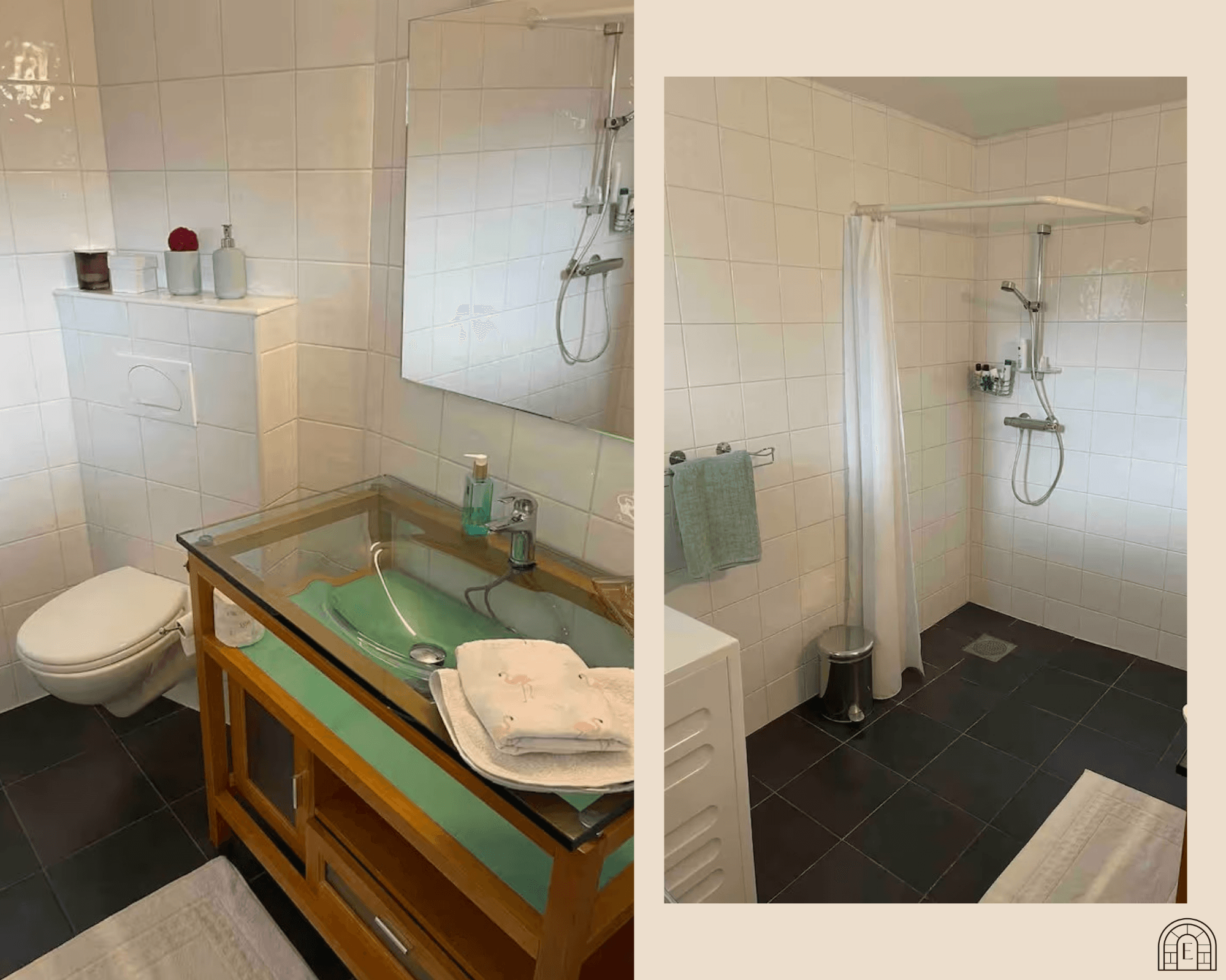 - Hybel 1. Badet måler 6m² og er innredet med dusj m/glassvegg, vegghengt toalett, baderomsinnredning og opplegg for vaskemaskin -