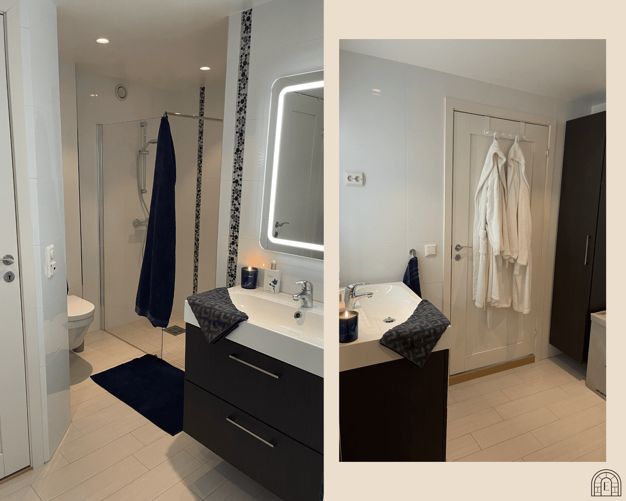 - Badet måler 5,5m² og er innredet med dusj m/glassdør, vegghengt toalett, opplegg for vaskemaskin og baderomsinnredning. Badet er byggemeldt som bod -