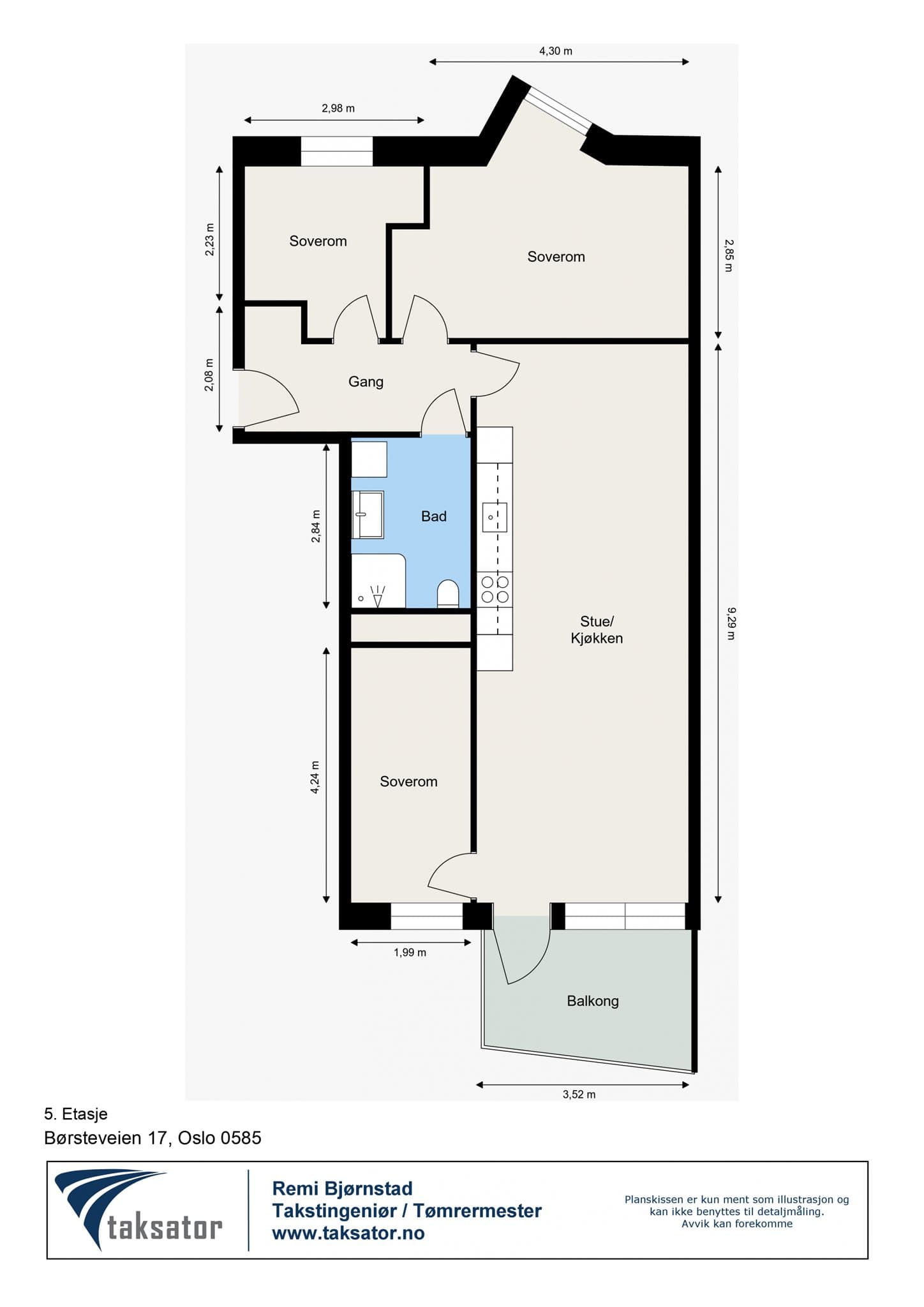 Plantegningen viser en arealeffektiv leilighet på 76 m² med tre soverom, bad og åpen stue-kjøkkenløsning.