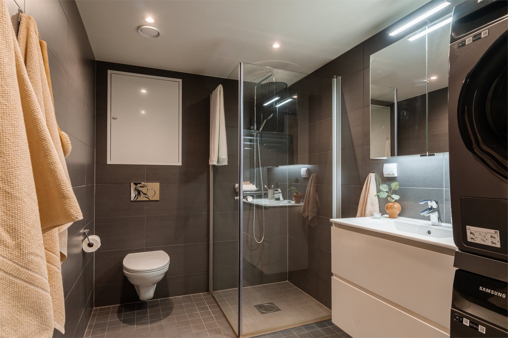 Badet er utstyrt med veggmontert toalett og dusjhjørne med svingdører.