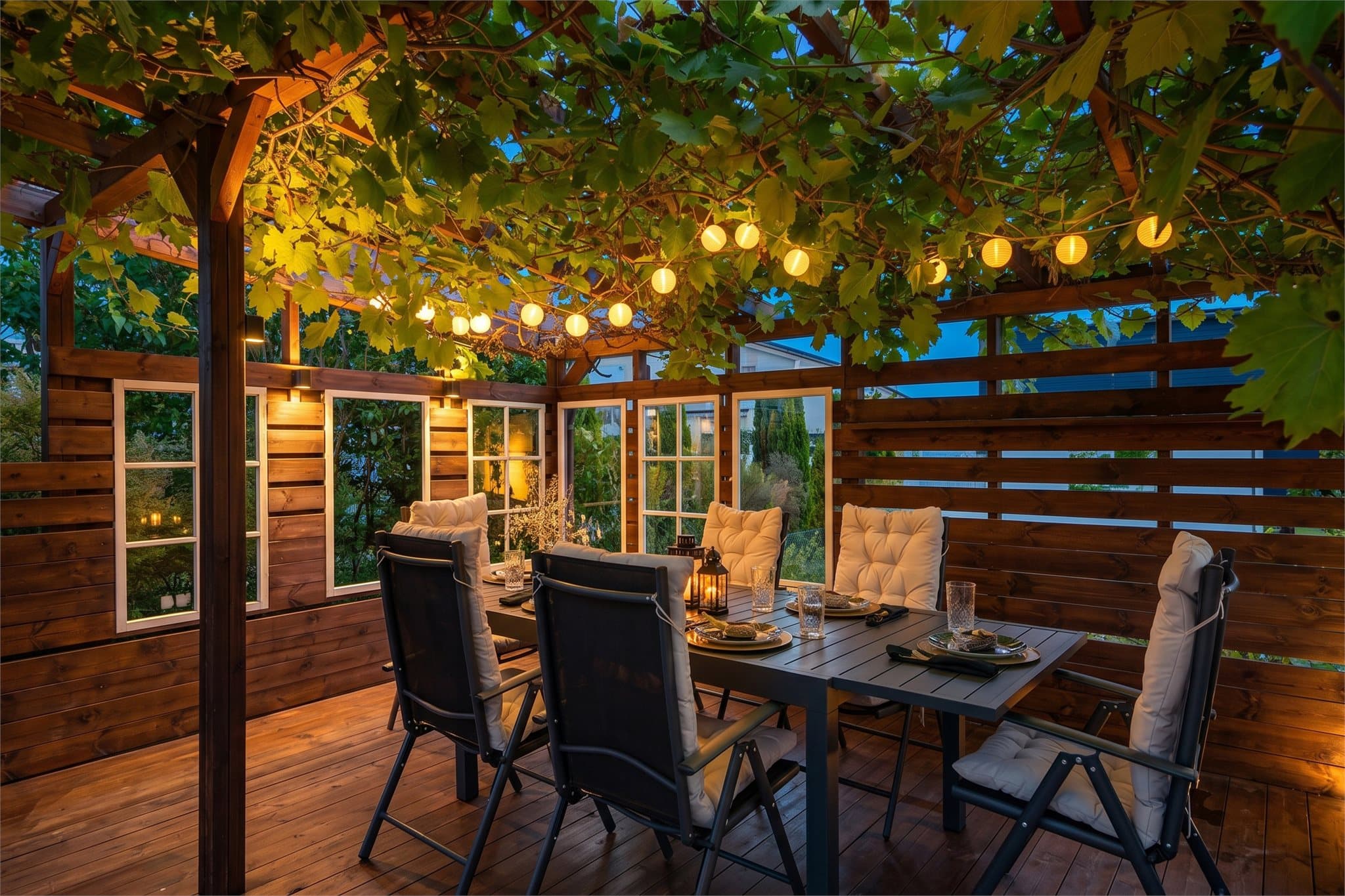 Uteområdet er skjermet og pent opparbeidet med pergola, beplantning og god plass til både spisegruppe og loungeområde. Gode solforhold gjennom dagen gjør dette til et attraktivt samlingssted for familie og gjester.