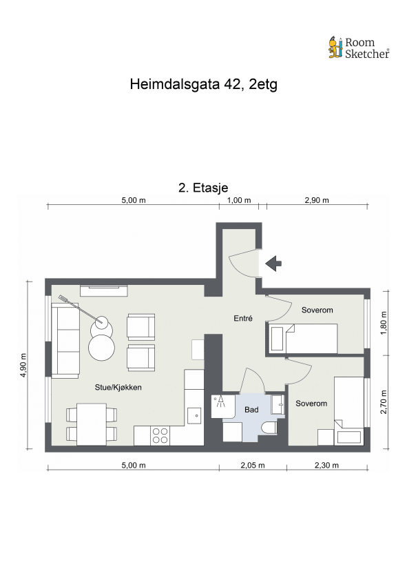 Plantegning - I tillegg disponerer leiligheten en bod på loftet og en i kjelleren.