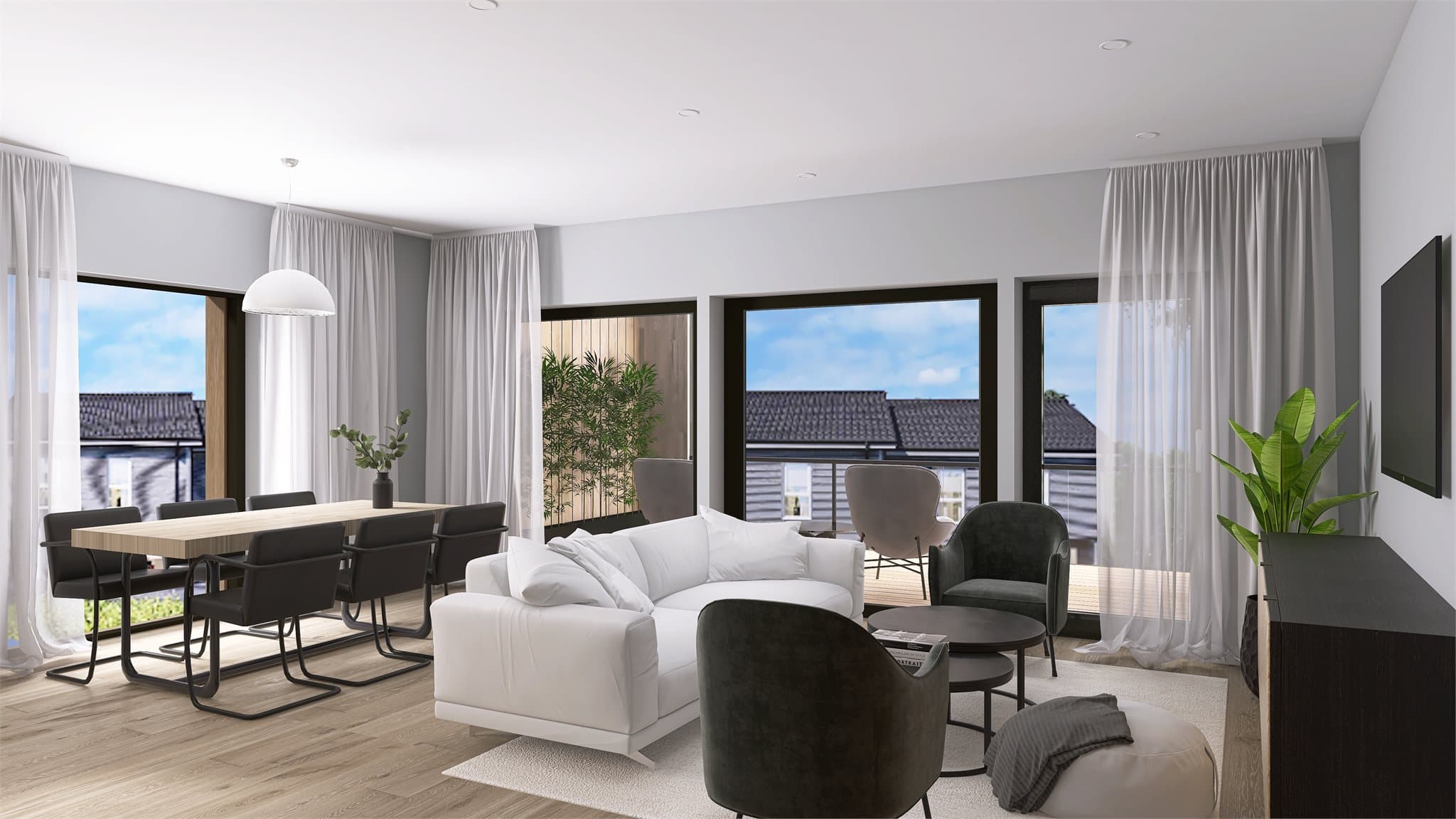 Åpne og sosiale rom med godt lysinnslipp og gipsede flater. Bilde ment som illustrasjon. Avvik kan forekomme. Se plantegning og salgsoppgave for leveranse