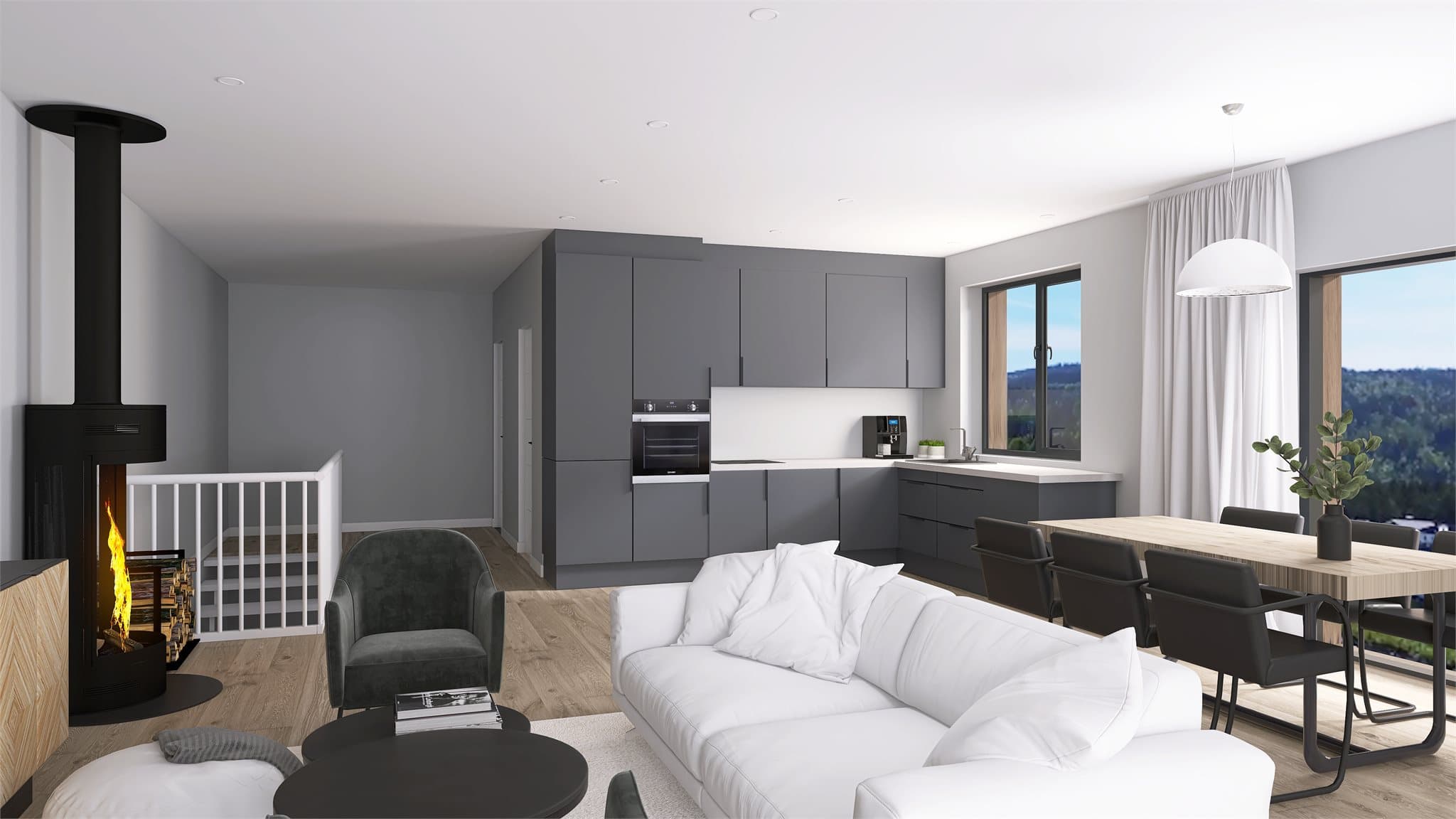 Lekkert Sigdal-kjøkken med integrerte hvitevarer. Bilde ment som illustrasjon. Avvik kan forekomme. Se plantegning og salgsoppgave for leveranse