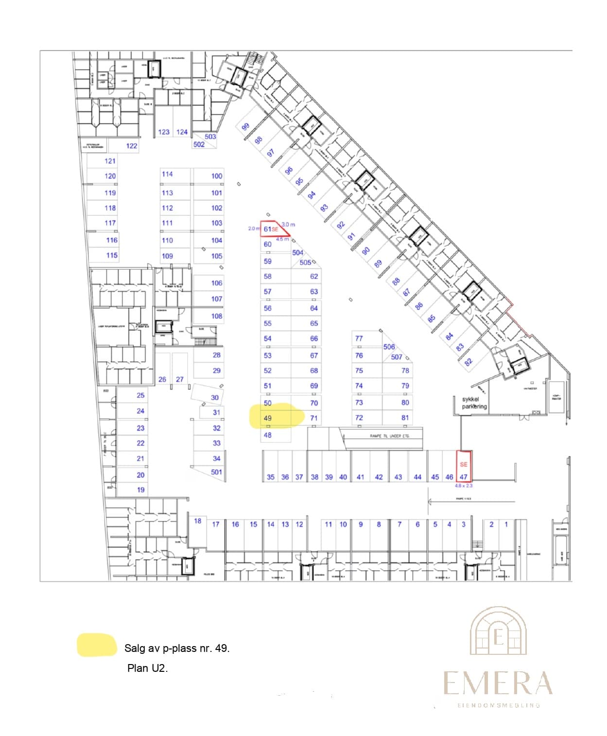 Parkering nr. 49. Plassen befinner seg på nedre plan (U2) med enkel adkomst.
