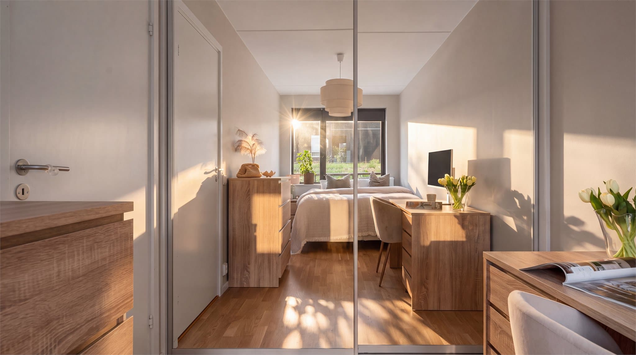 Romslig soverom med skyvedørsgarderobe med speilfronter.