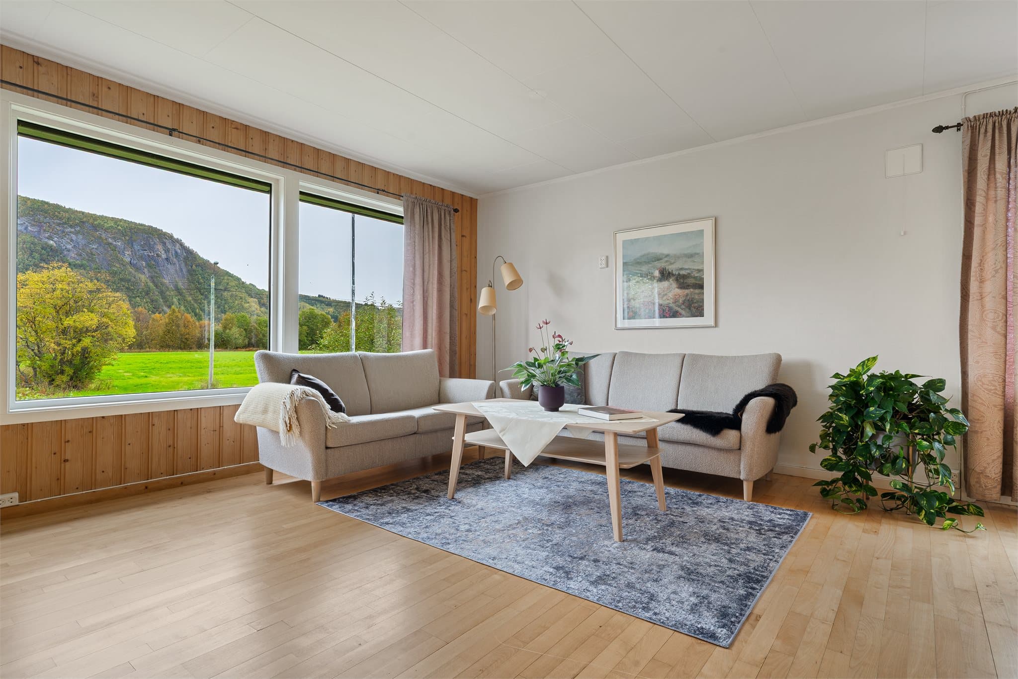 Store vindusflater gir flott utsyn mot nærområdet og fjellet.
