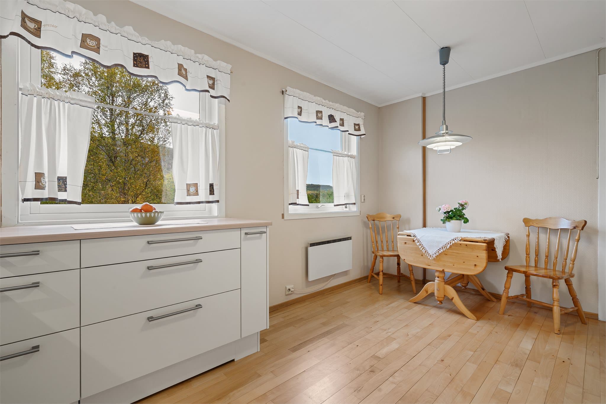 Kjøkkenet har god plass til spisebord og utsyn mot hagen.