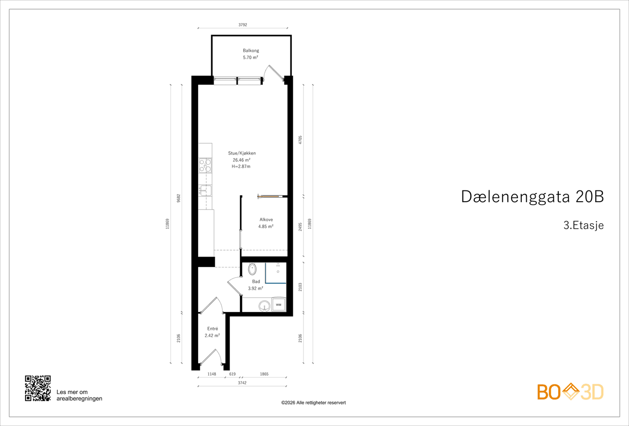 Leilighetens 39 m² er arealeffektivt fordelt på entré, bad, stue/kjøkken og en praktisk alkove.