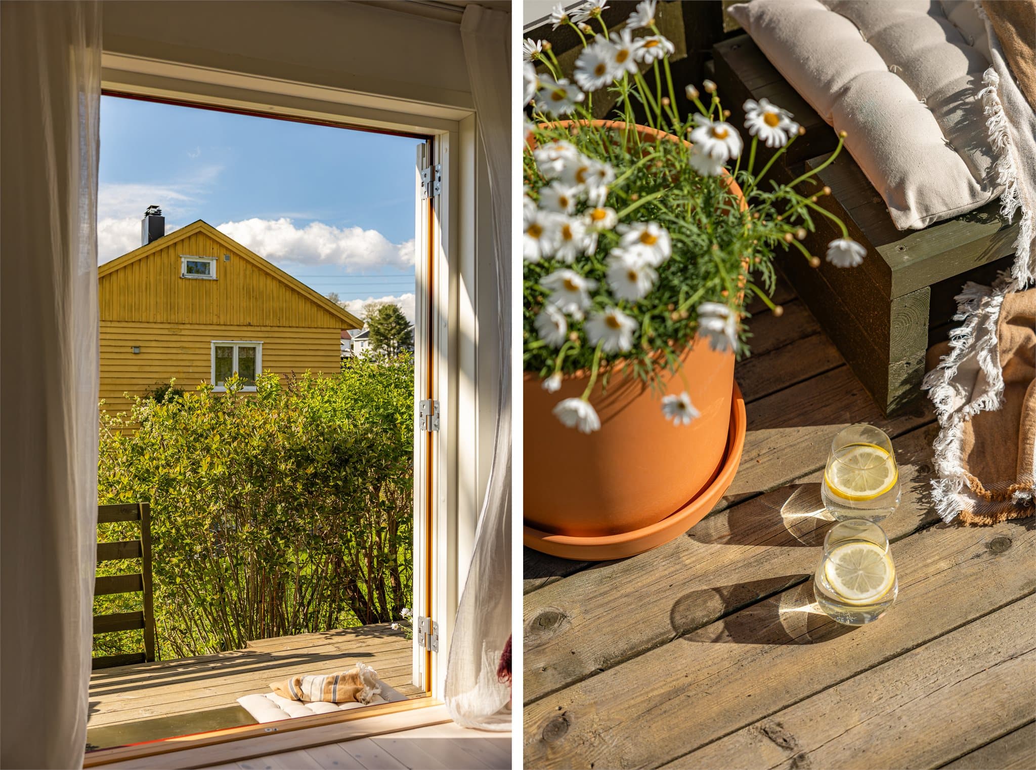 Rommet har i tillegg direkte utgang til terrassen/hagen med dobbeltdører ut. Her kan du tusle ut i morgenkåpen med morgenkaffen i ditt eget private uterom. Det er også fin utsikt herifra.