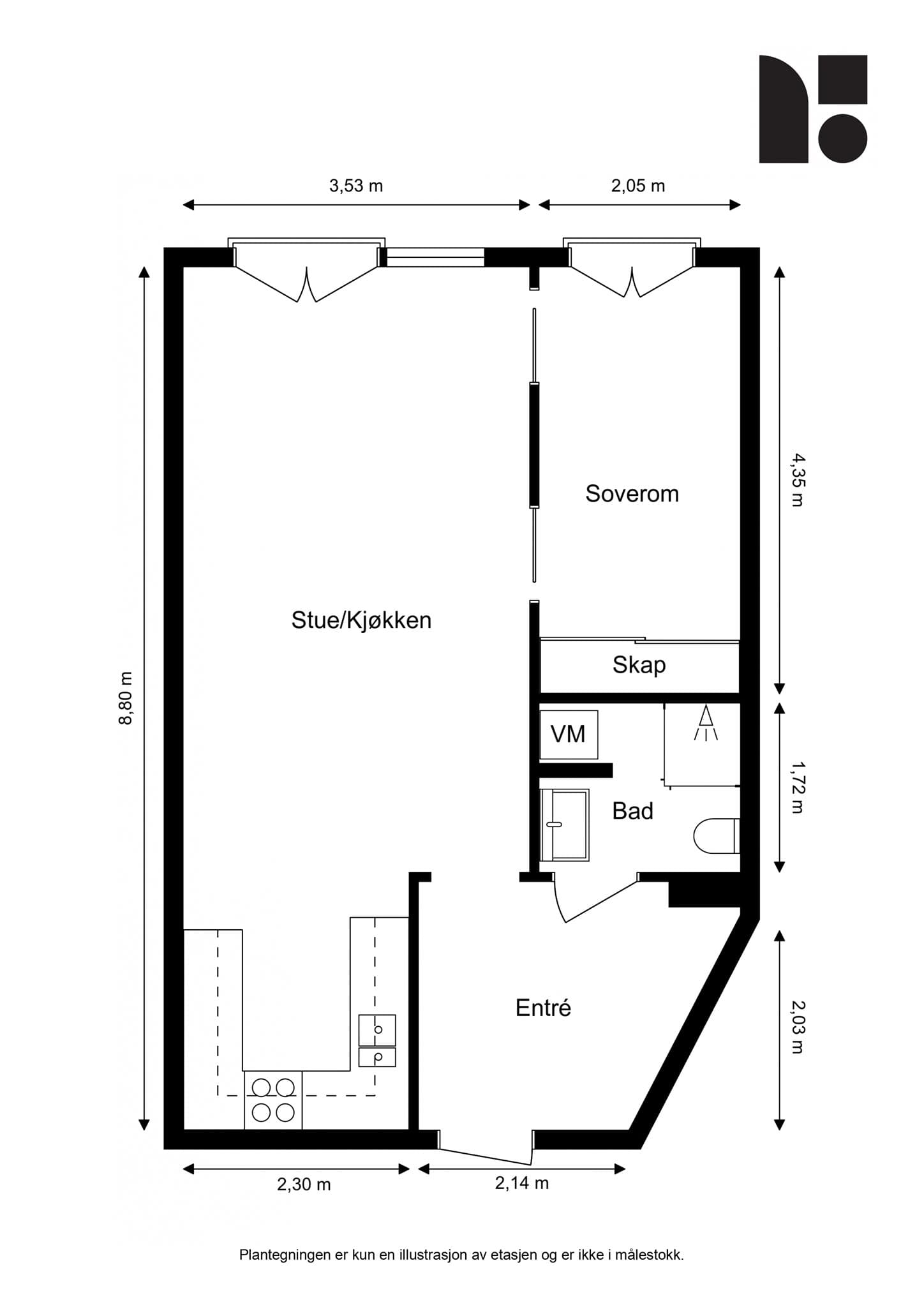 Plantegning. Leiligheten disponerer en kjellerbod på ca. 5 m².