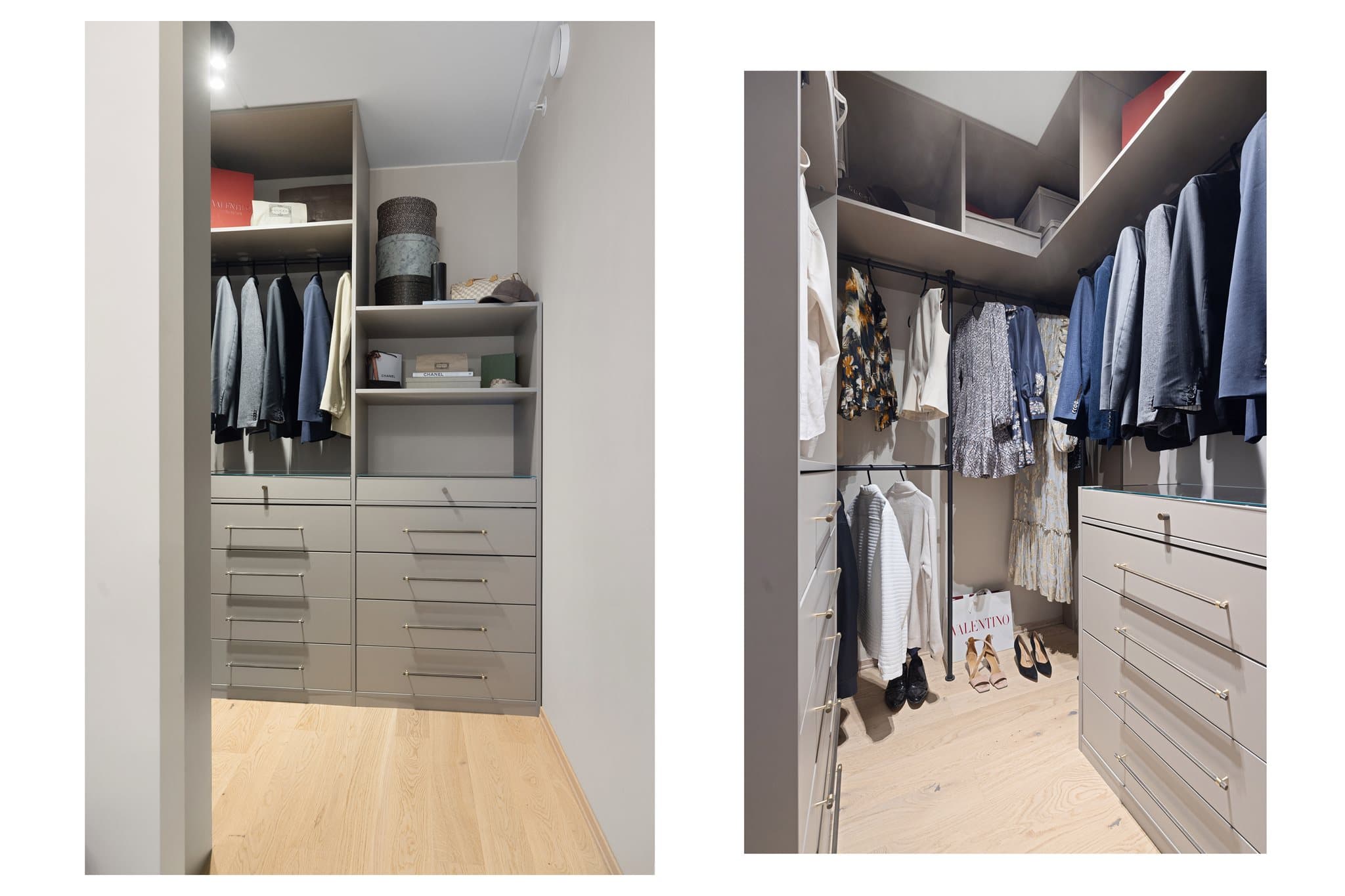 Garderoben er spesialtilpasset rommet og utnytter arealet effektivt. Moderne farger med stilrene detaljer som matchende håndtak i krom/messing og glassplate over smykkeskuffen.