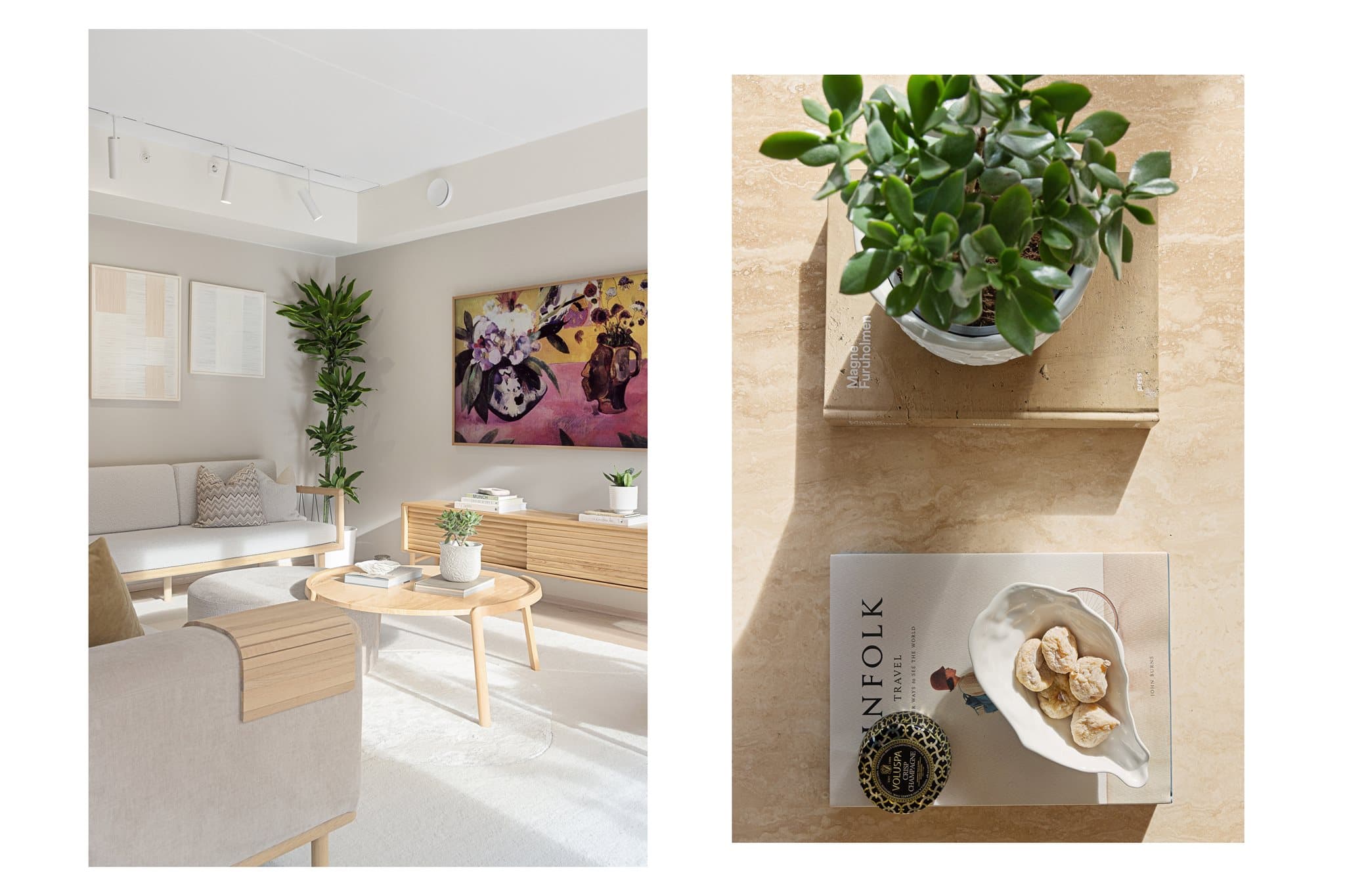 Stuen er delikat med en naturlig og harmonisk fargepalett.